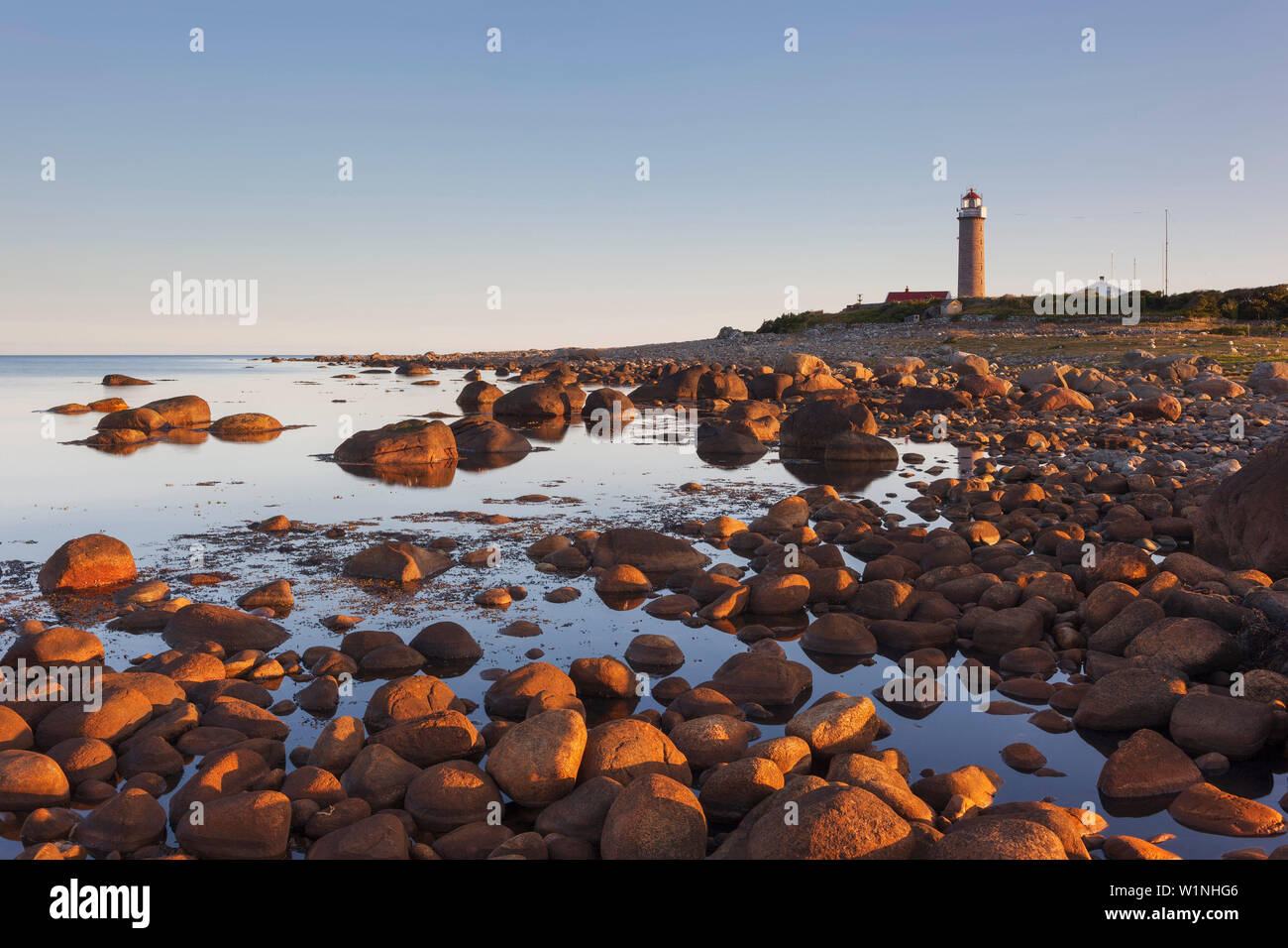 Gentle coast with the lighthouse Lista fyr in the morning sun, Farsund, Vest-Agder, Norway, Scandinavia Stock Photo