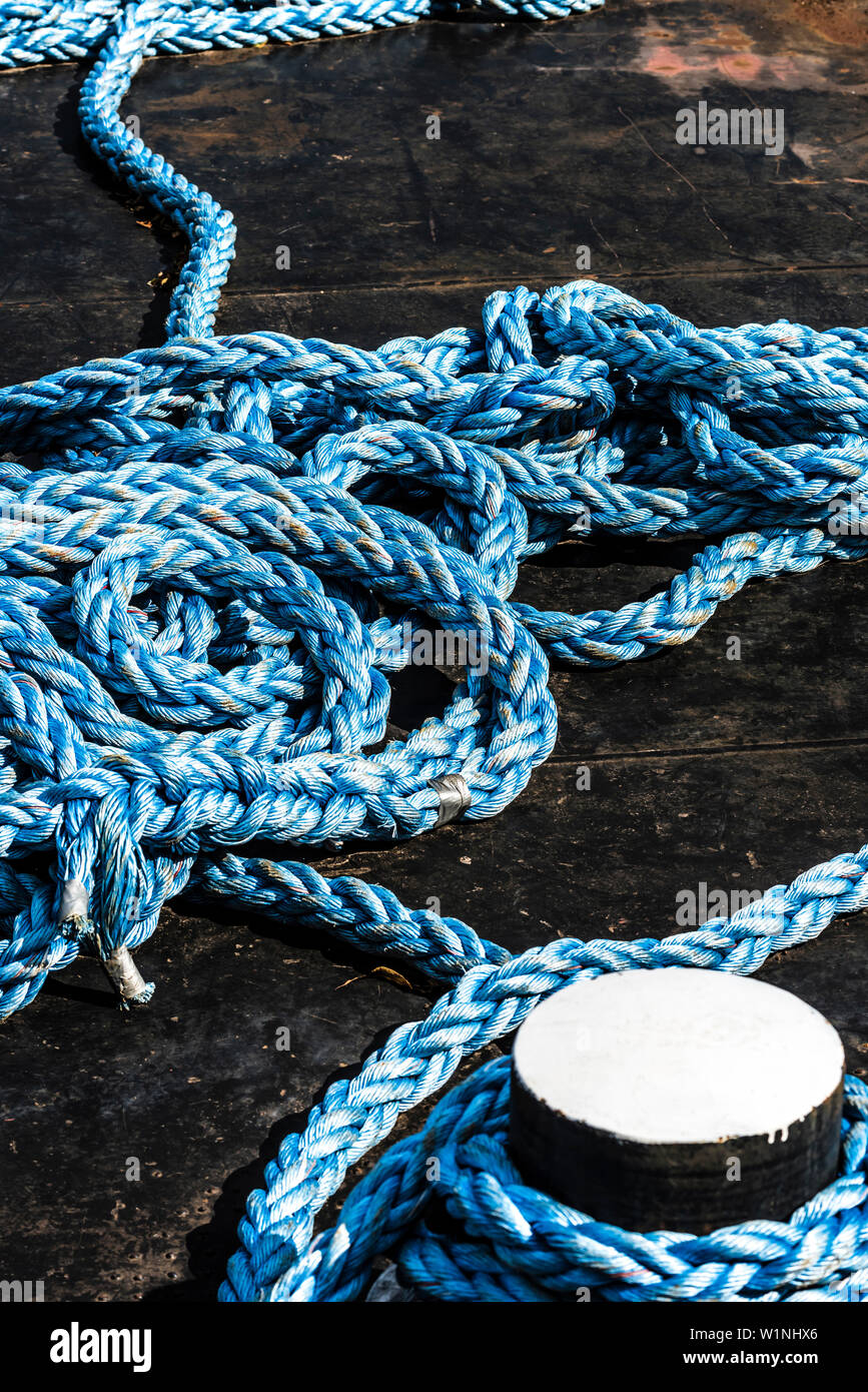 A blue plastic rope for fixing ships to a bollard, Rotterdam ...