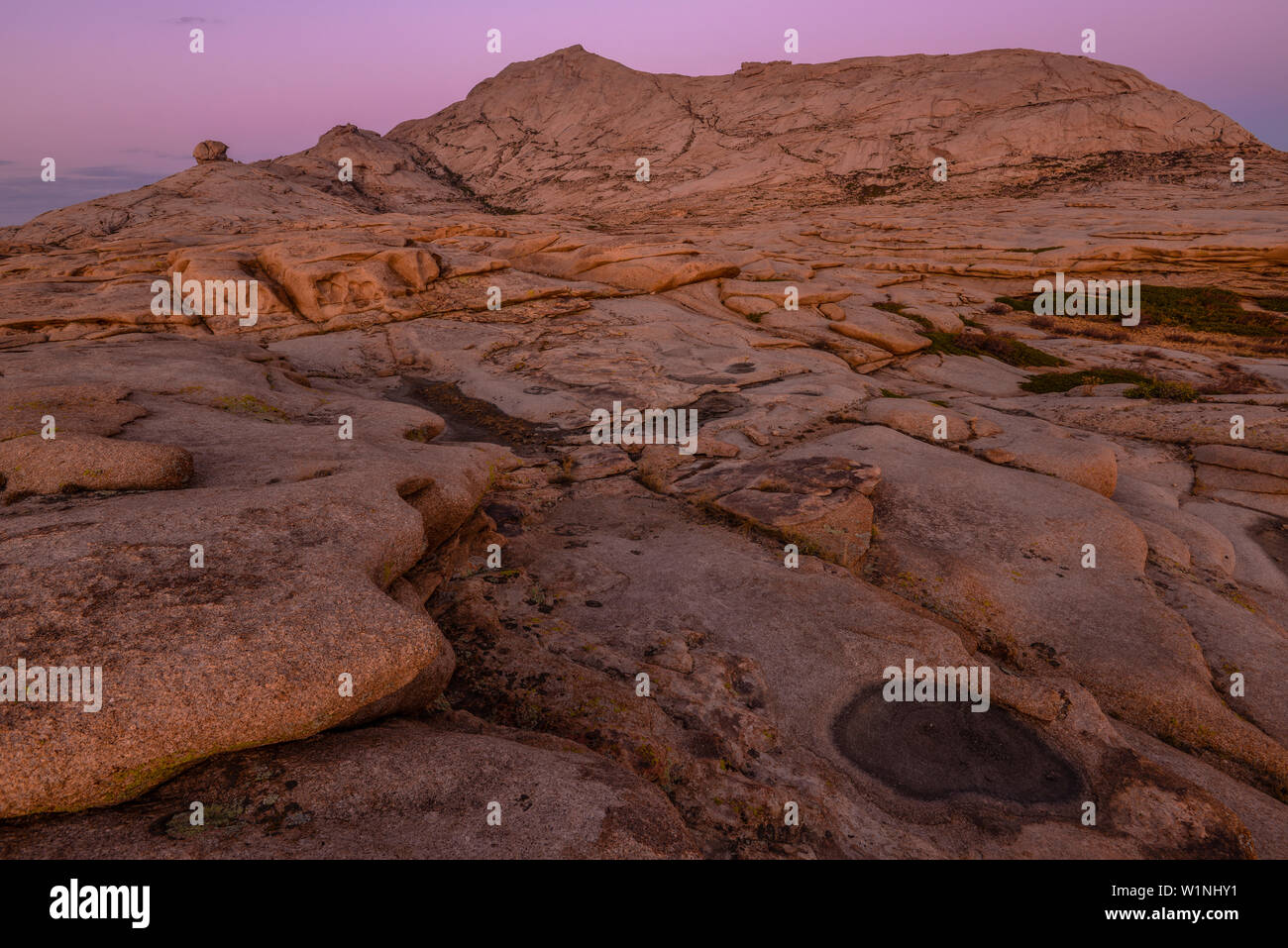 Desert landscape and natural basins in granite mountains of Bektau Ata, Sary Arka, Qaraghandy, Karaganda Region, Kazakhstan, Central Asia, Asia Stock Photo
