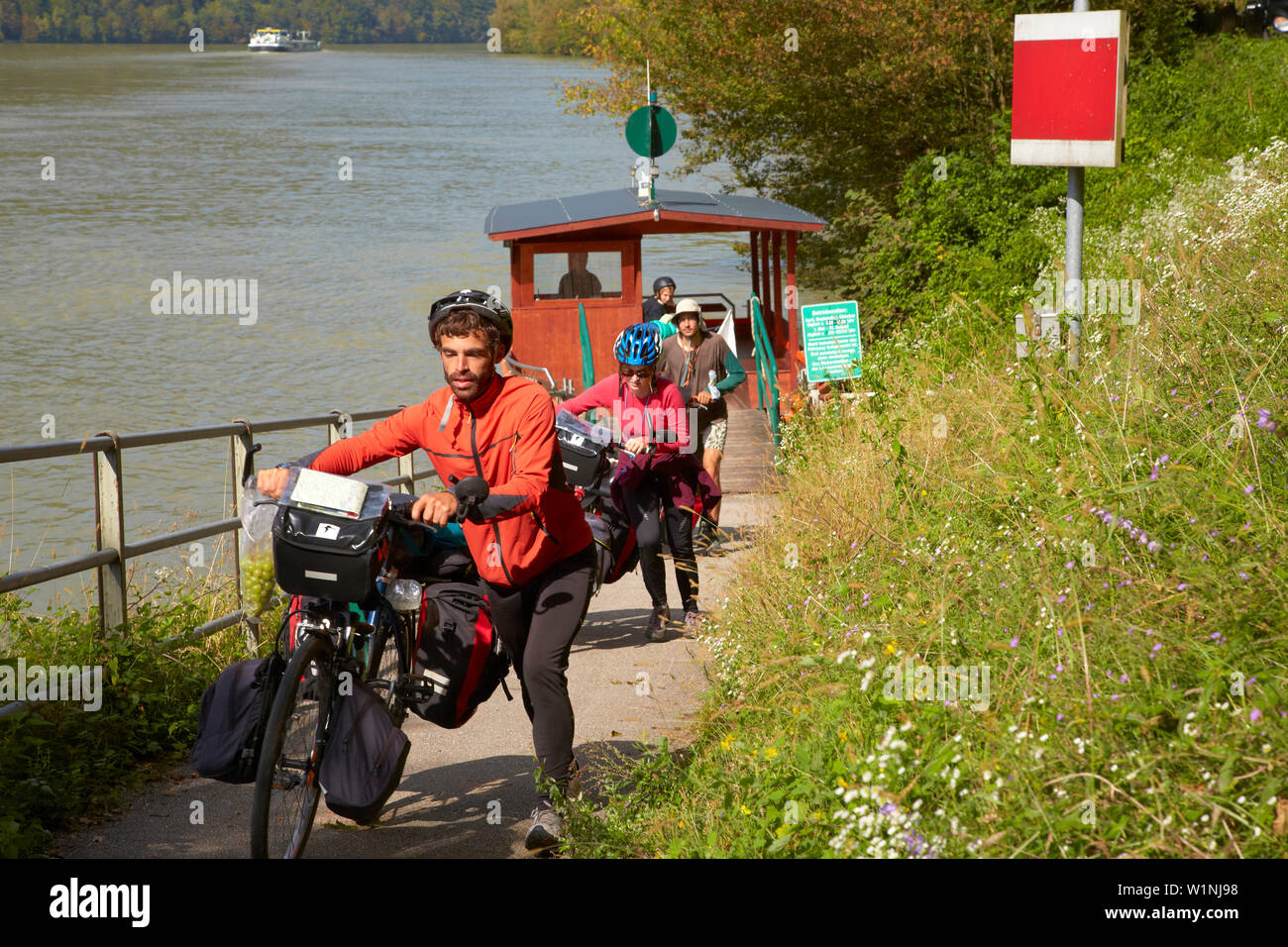 Cyclists at the cyclists' ferry at Au , Schlögener Schlinge , River Danube , Oberösterreich , Upper Austria , Austria , Europe Stock Photo