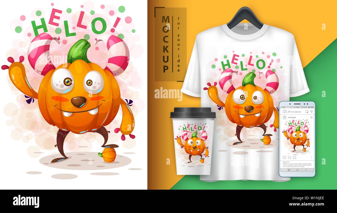 Cute pumpkin monster - mockup for your idea Stock Vector