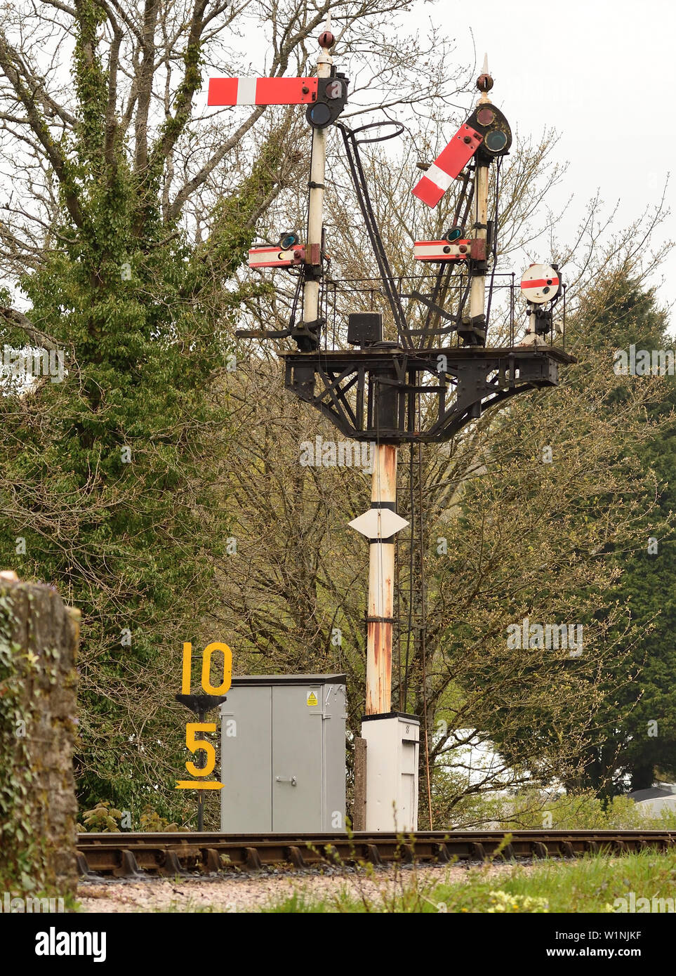 Semaphore signals at Buckfastleigh on the South Devon Railway. Stock Photo