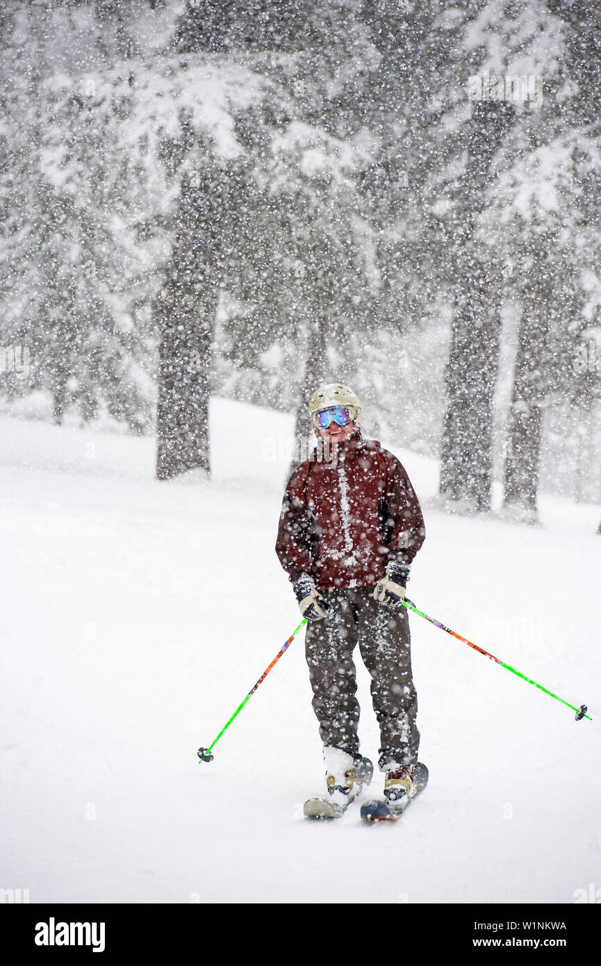 Skier in snowfall, Alyeska Resort, Girdwood, Alaska, USA Stock Photo