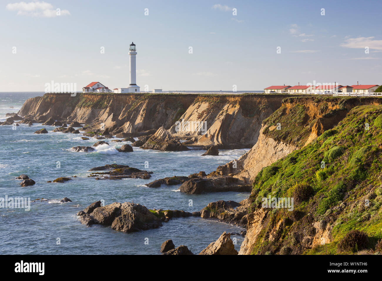 Point Arena Lighthouse and Museum, Arena Rock Marine Natural Preserve, California, United States Stock Photo