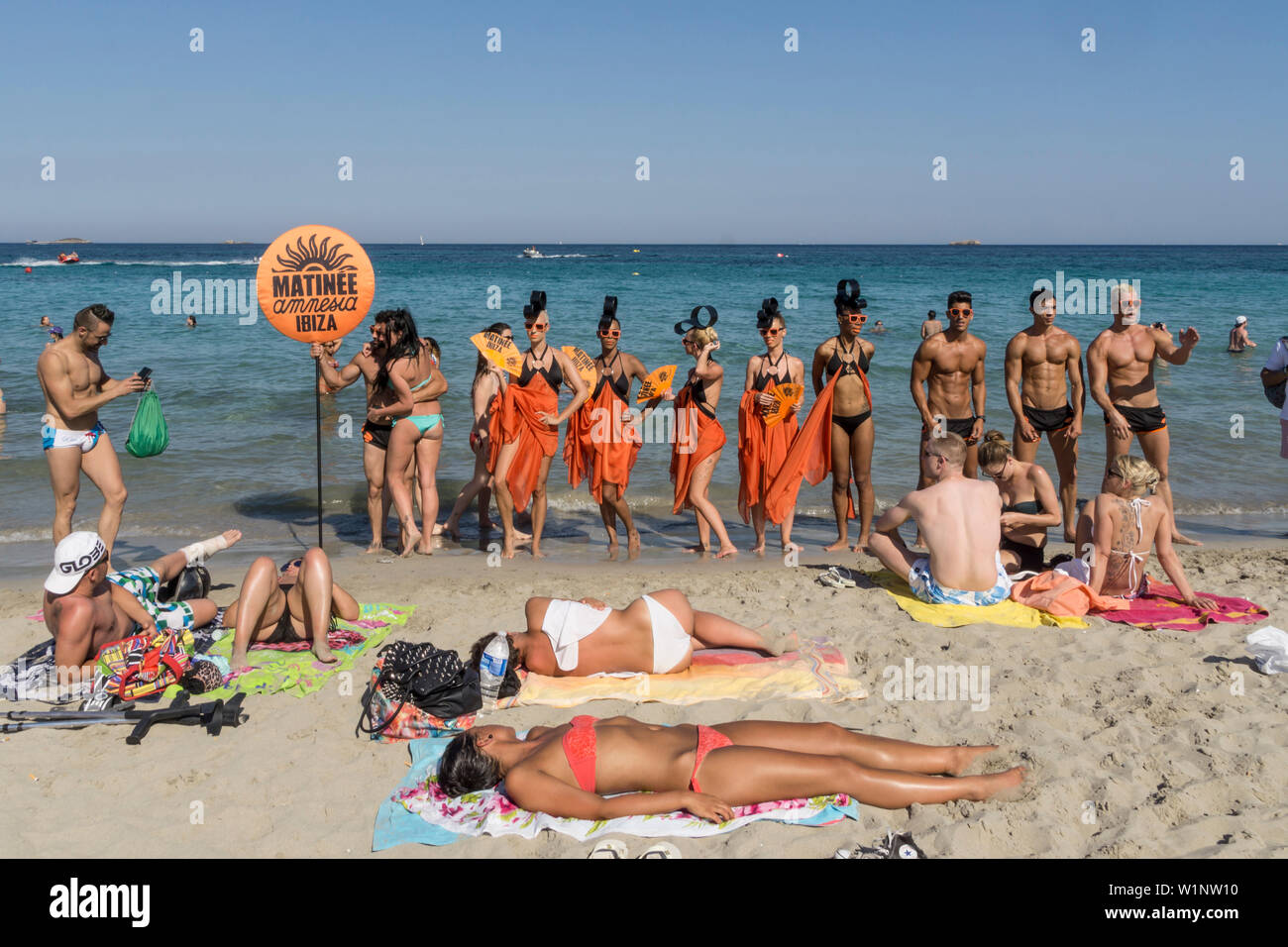 Playa den Bossa, Matinee Amnesia Promotion, Eivissa, Spain, Baleraric Islands Stock Photo