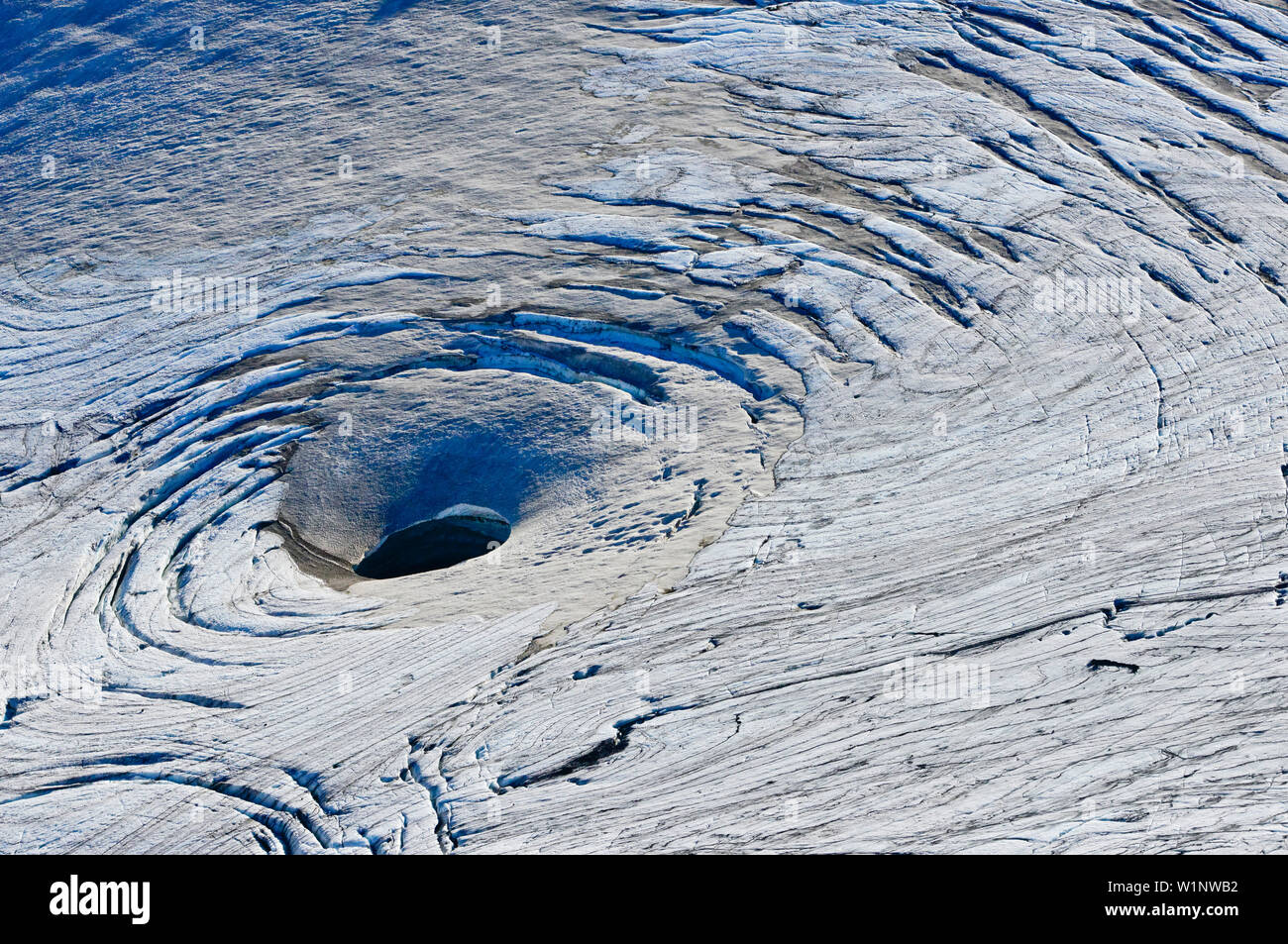 Aerial view of ice structures and glaciated crater of volcano Katla, Myrdalsjokull, Highlands, South Iceland, Iceland, Europe Stock Photo