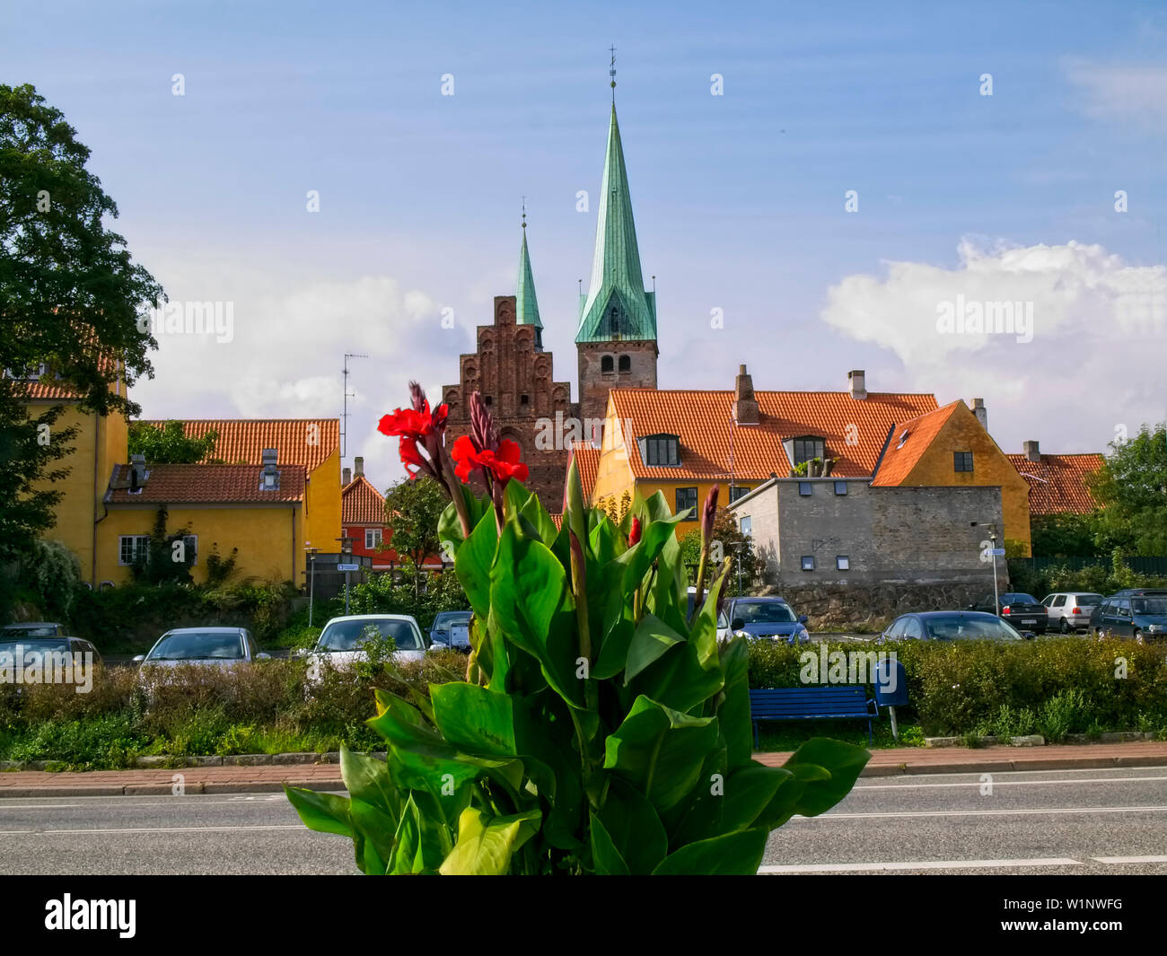 Cityscape of Helsingoer, Sjaelland, Denmark, seen from Havnegade. Stock Photo