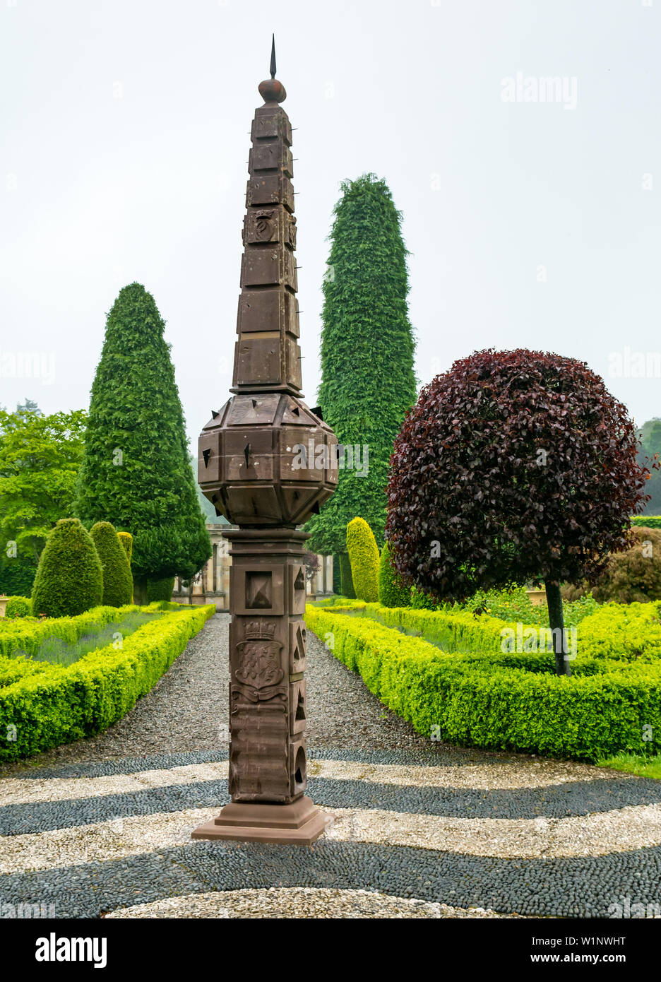 Scotland's oldest 1630 obelisk sundial restored in the formal garden of