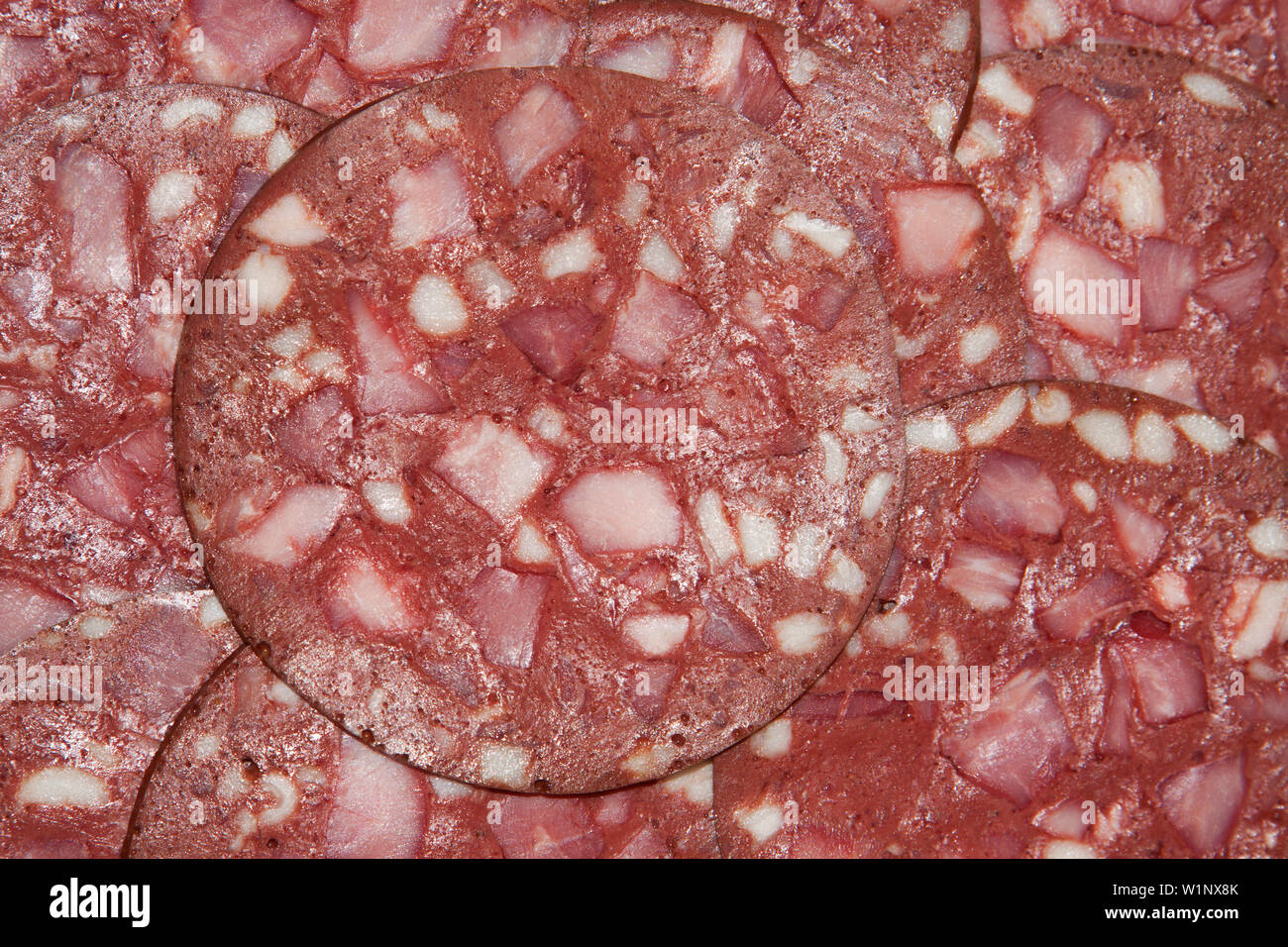 Blood sausage, cooked sausage made from pork blood, bacon, rind, pork meat and spices (salt