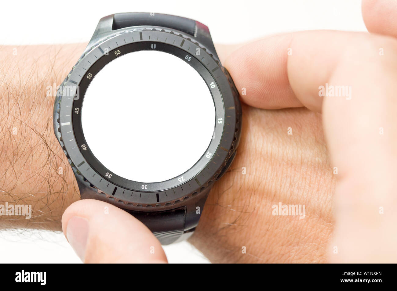 Closeup of hands with smart watch screen smartwatch touching button and touchscreen on active sports activity Stock Photo Alamy