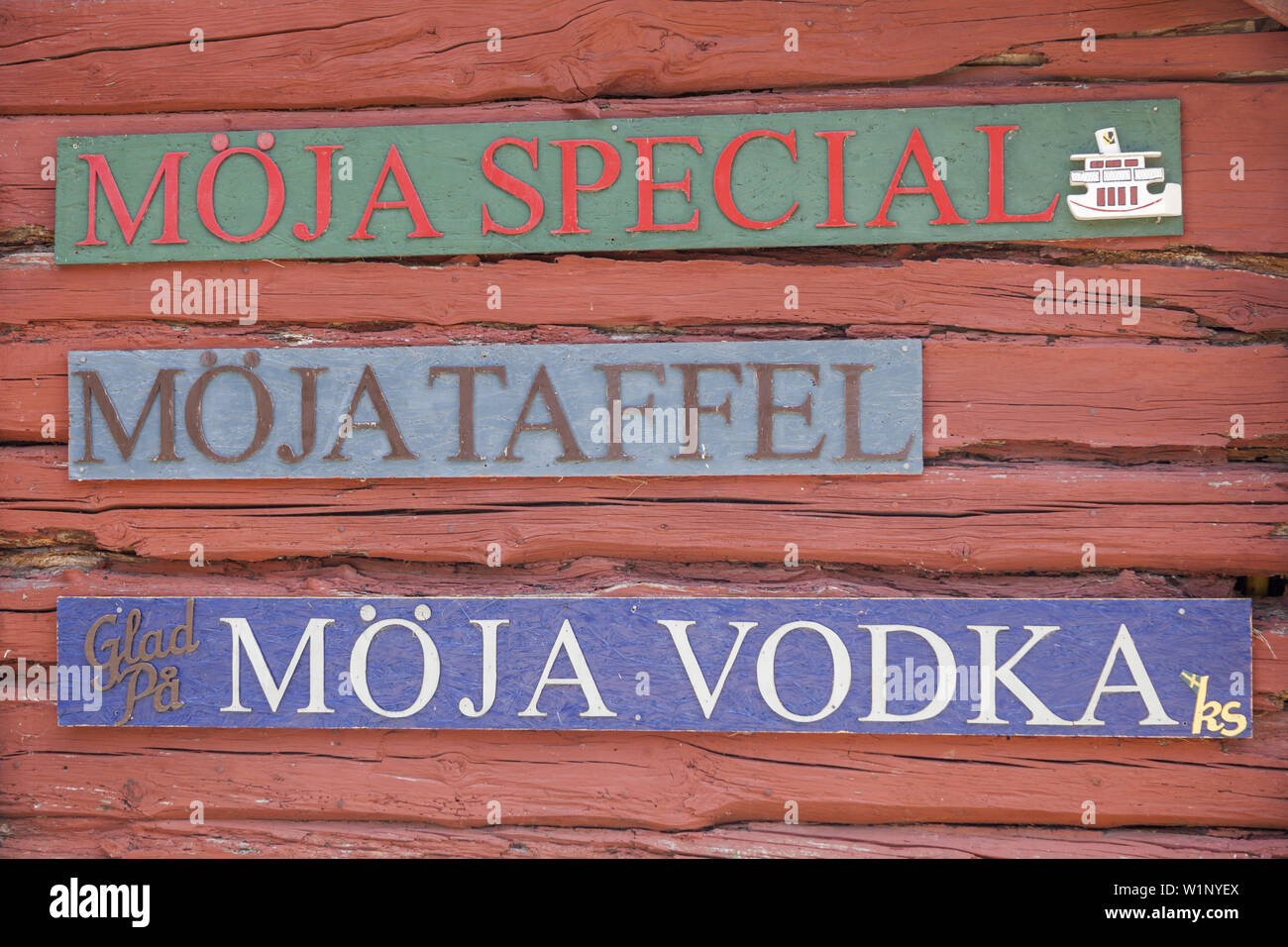 Sign of Vodka of Moeja on the island of Moeja in Stockholm archipelago, Uppland, Stockholms land, South Sweden, Sweden, Scandinavia, Northern Europe Stock Photo