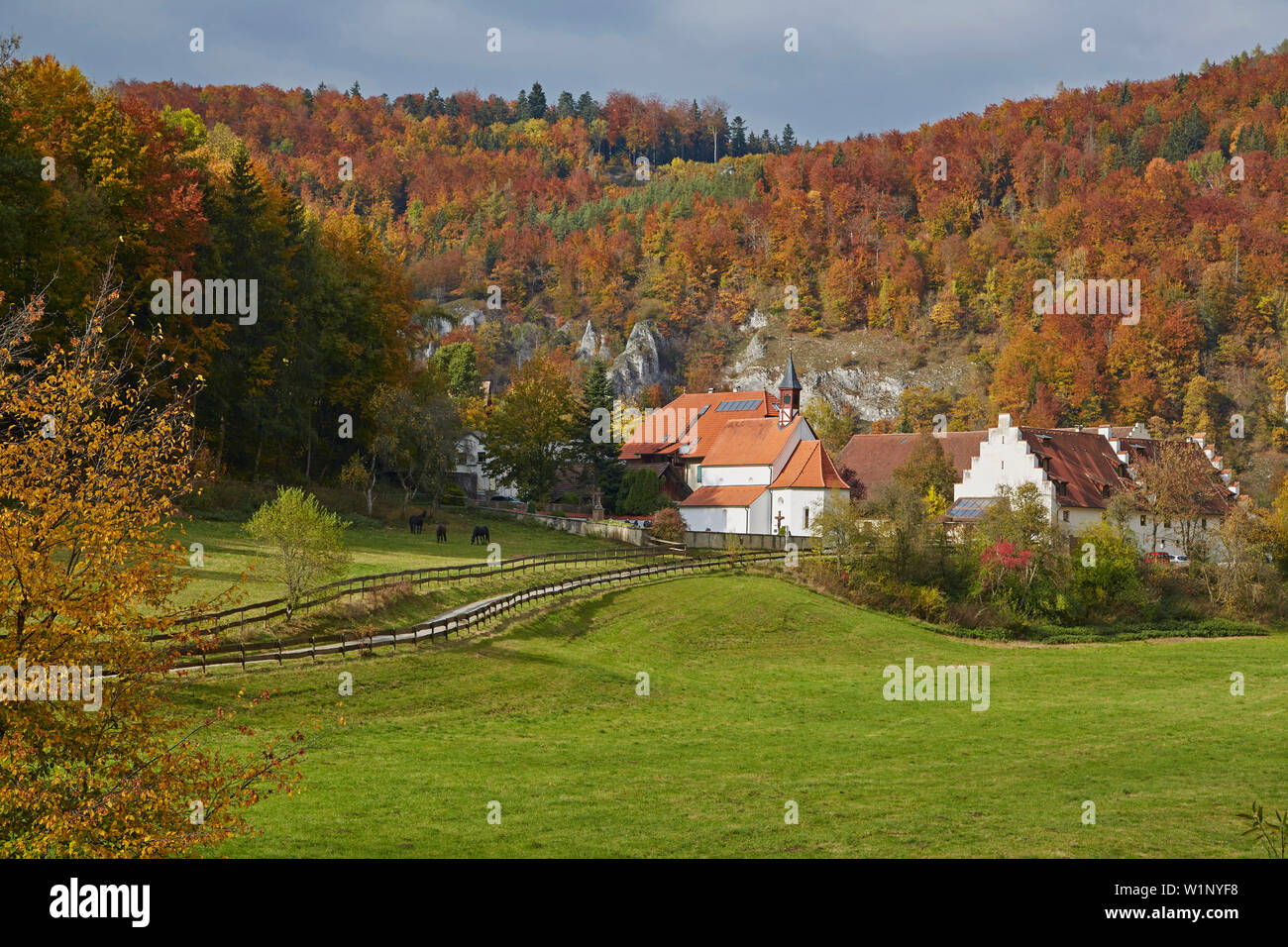 Autumnal tints and Gutshof Käppeler , Valley of the river Danube , Schwäbische Alb , Baden-Württemberg , Germany , Europe Stock Photo