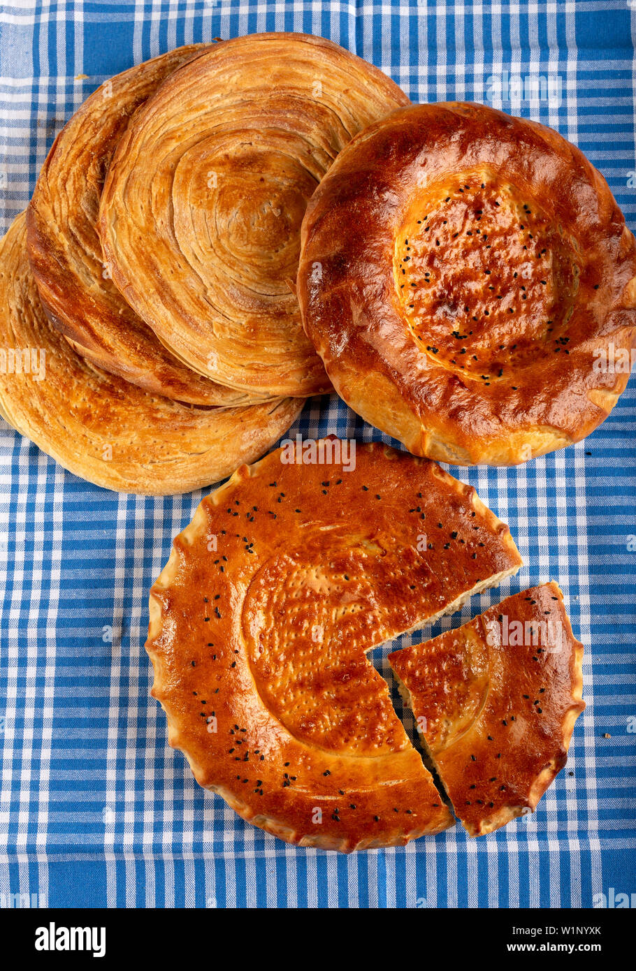 Homemade circle bread and Turkish flaky pastry (katmer Stock Photo Alamy