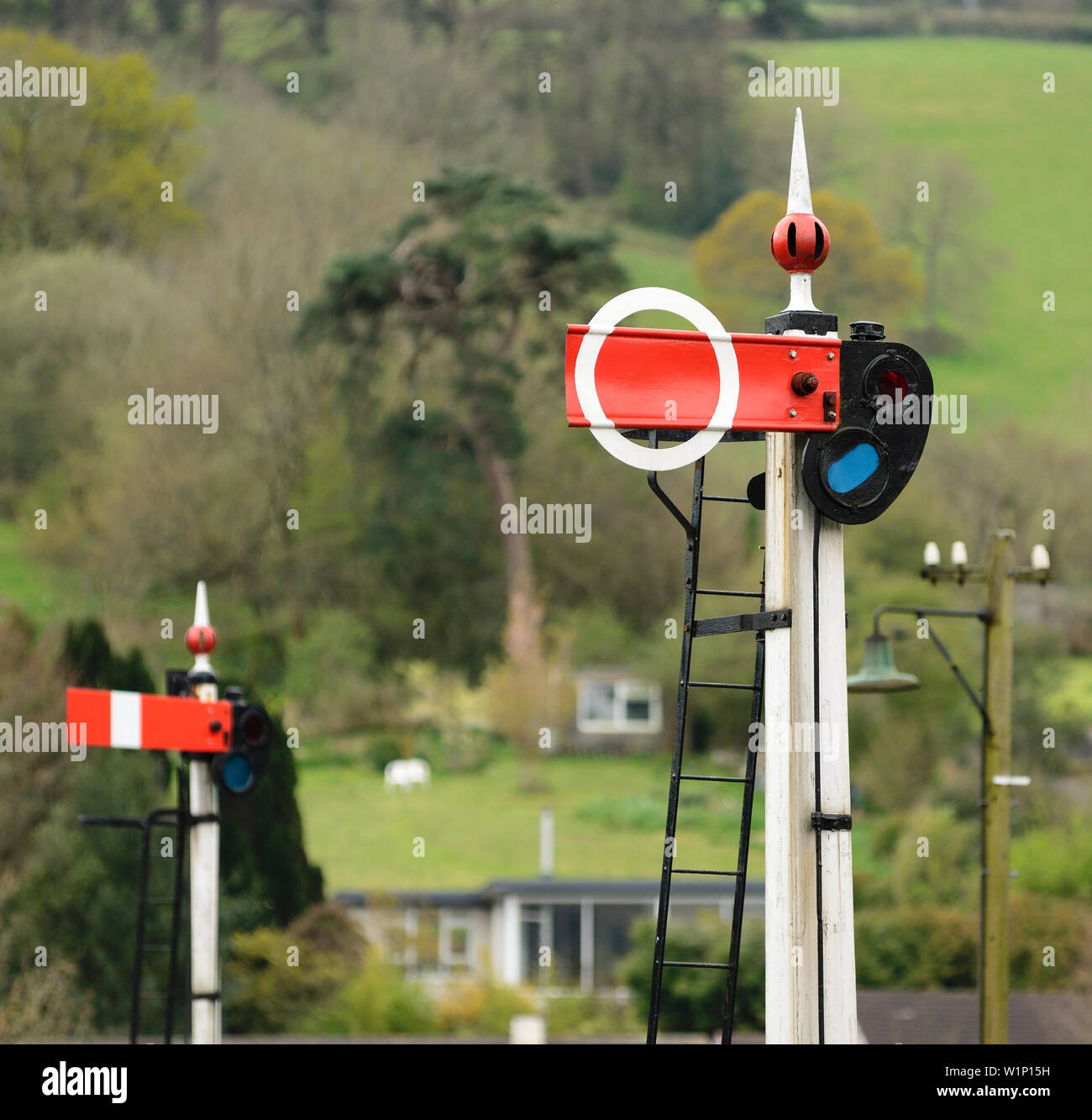 Semaphore signals at Buckfastleigh on the South Devon Railway. Stock Photo