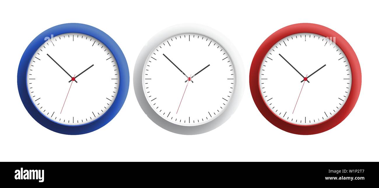 Set realistic illustration of clock face of colored wall clock with clock hands and red and blue trim. Isolated on white background - vector Stock Vector