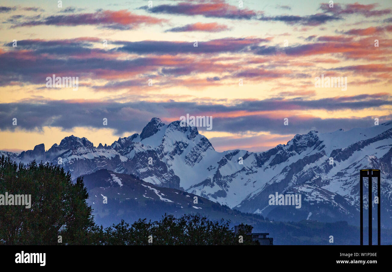 nice sunset over the Säntis in Switzerland Stock Photo