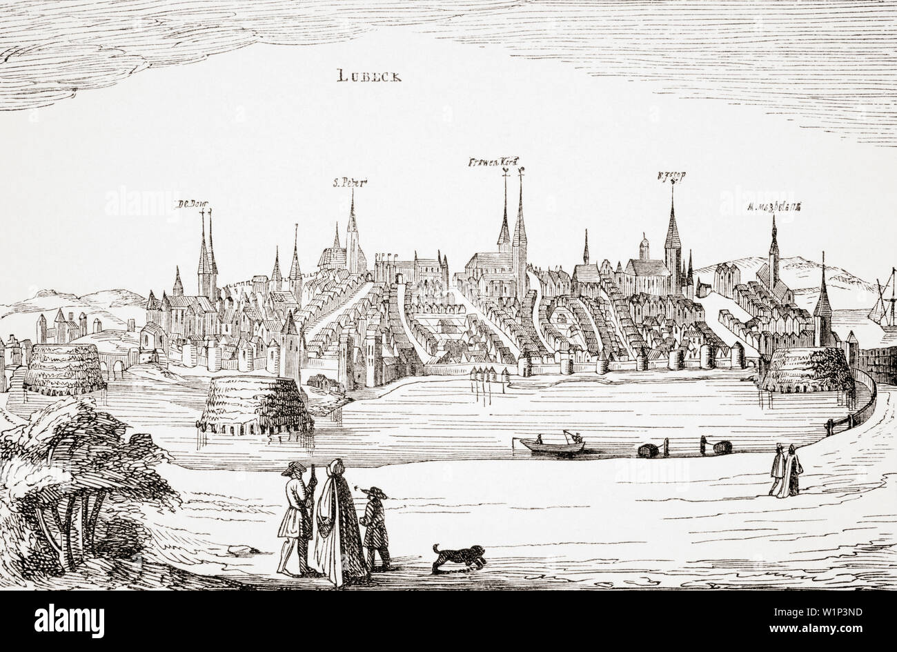 View of Lubeck and its Harbour in the 16th century. After a copper plate in Commentaria Rerum Germanicarum by P. Bertius published Amsterdam 1616 Stock Photo