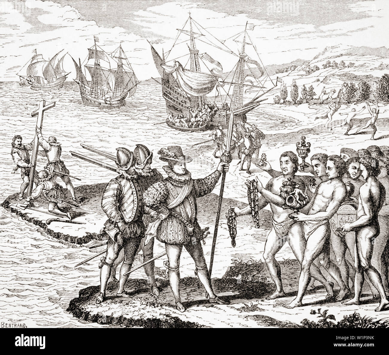 Discovery of America, 12th of May,1492. Columbus erects the Cross and baptizes the Isle of Guanahami, now Cat Island,one of the Bahamas, by the Christian name of St. Salvador. From an engraving on copper by Theodor de Bry in the collection Grands Voyages printed 1590 Stock Photo