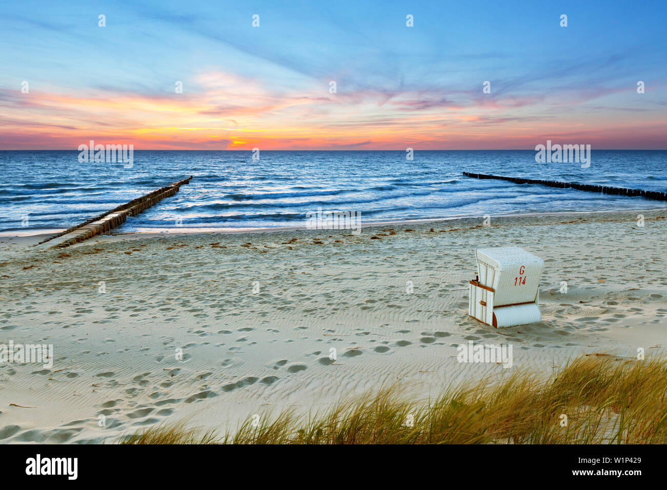 Beach near Ahrenshoop with beach chair, Baltic Sea, Mecklenburg-West Pomerania, Germany Stock Photo