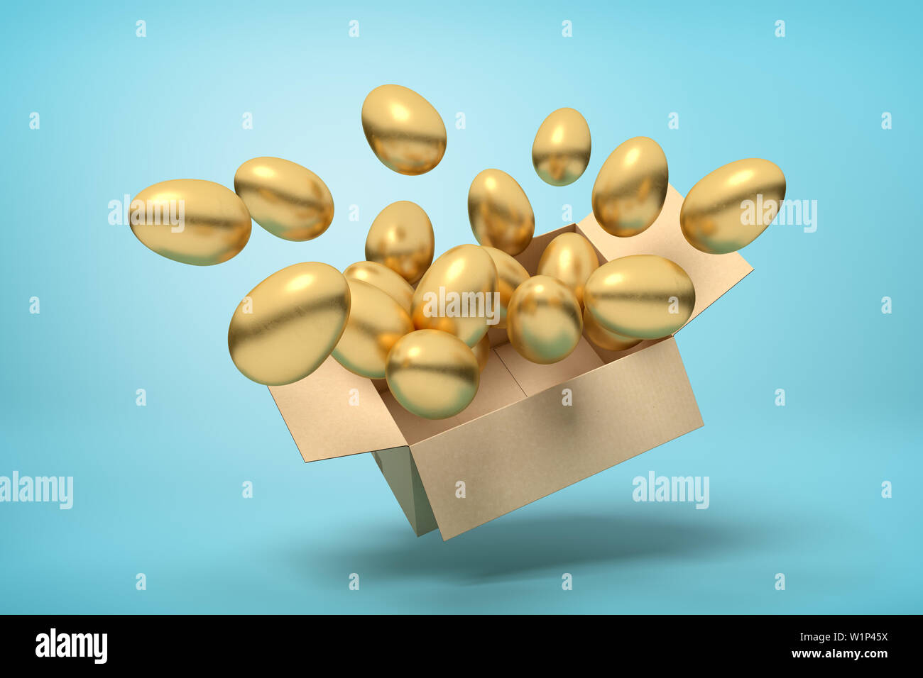 3d rendering of cardboard box full of golden eggs in mid-air on light-blue background. Stock Photo