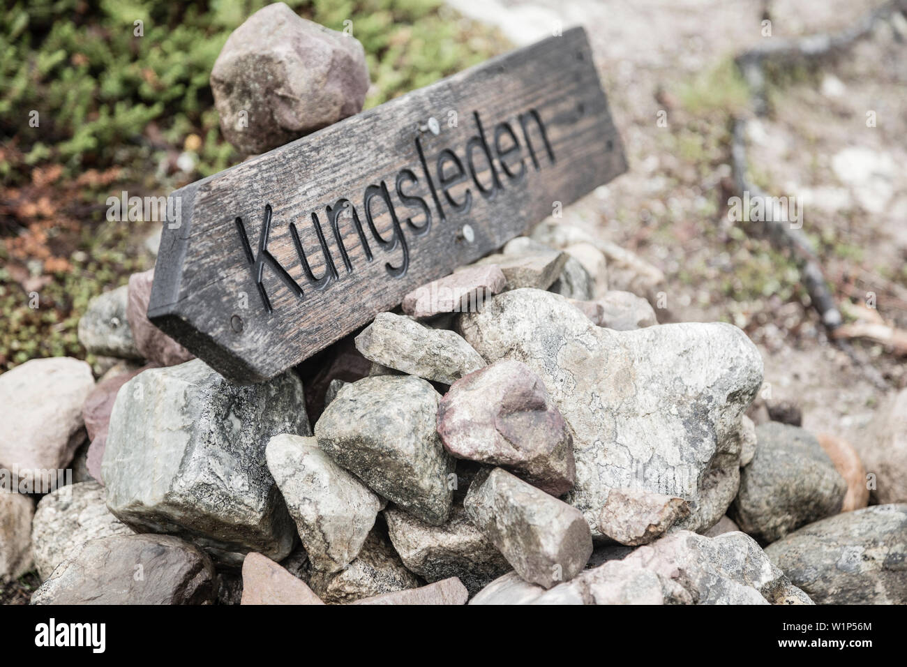 Sign to the Kungsleden trekking route, path. Laponia, Lapland, Sweden. Stock Photo