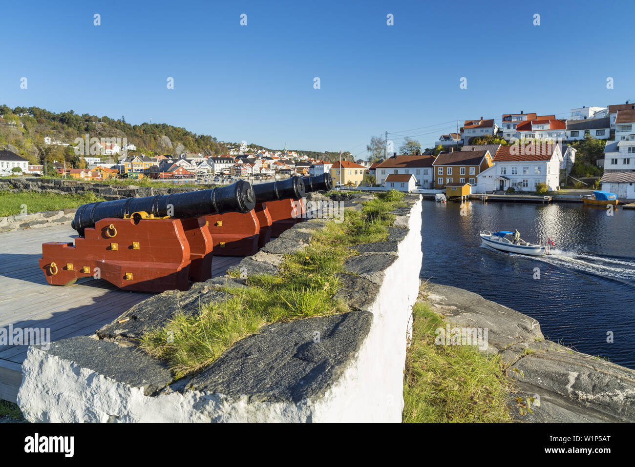 Cannons in Gundersholmen Fort in Kragerø, Telemark, Østlandet, Southern Norway, Norway, Scandinavia, Northern Europe, Europe Stock Photo