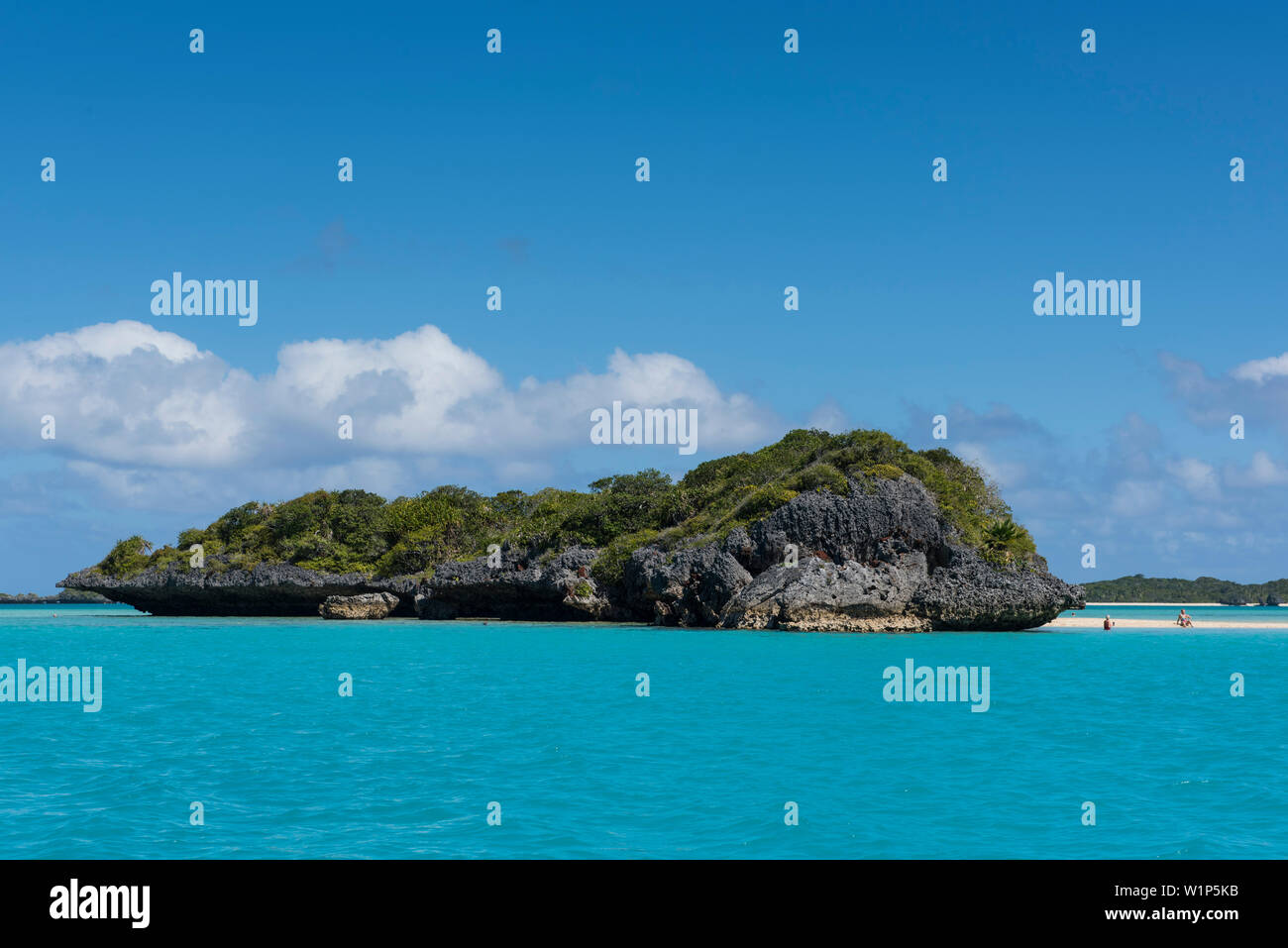 A small bush-covered mushroom-shaped island rises from shallow waters and a narrow strip of sand where two people can be seen, Fulaga Island, Lau Grou Stock Photo