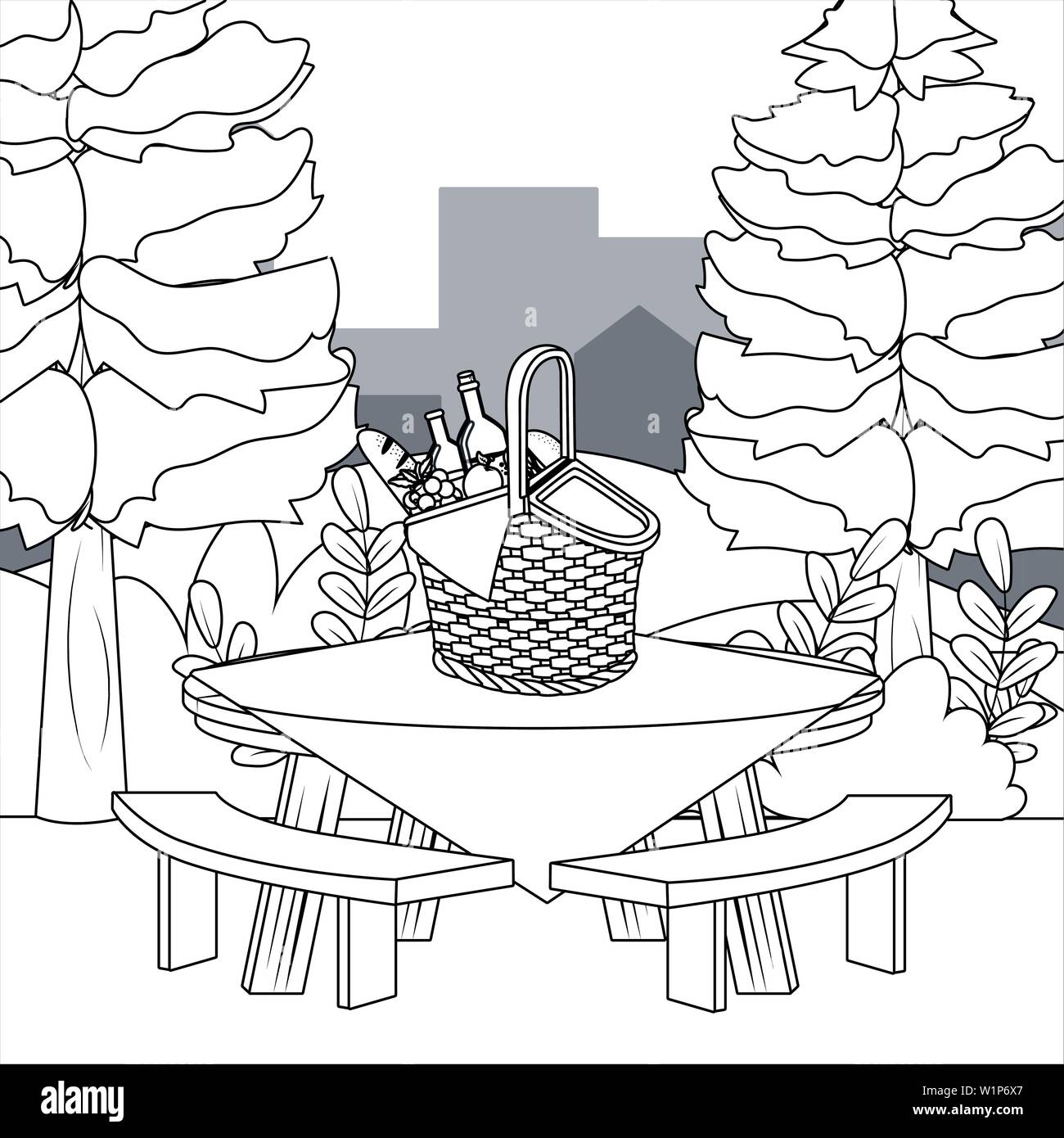 Picnic basket in forest design, Food summer outdoor leisure healthy ...