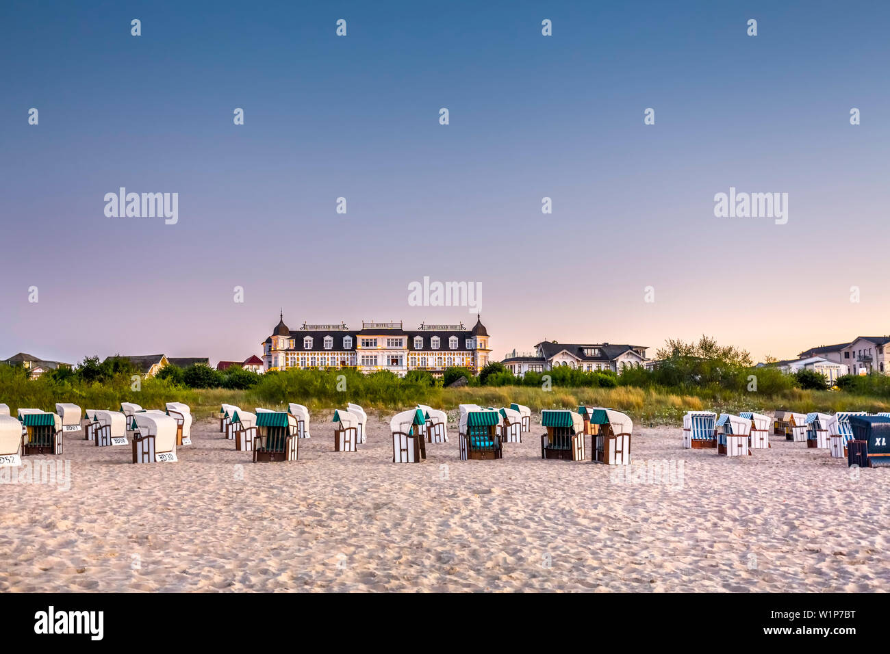 Beach and Hotel Ahlbecker Hof, Ahlbeck, Usedom island, Mecklenburg-Western Pomerania, Germany Stock Photo