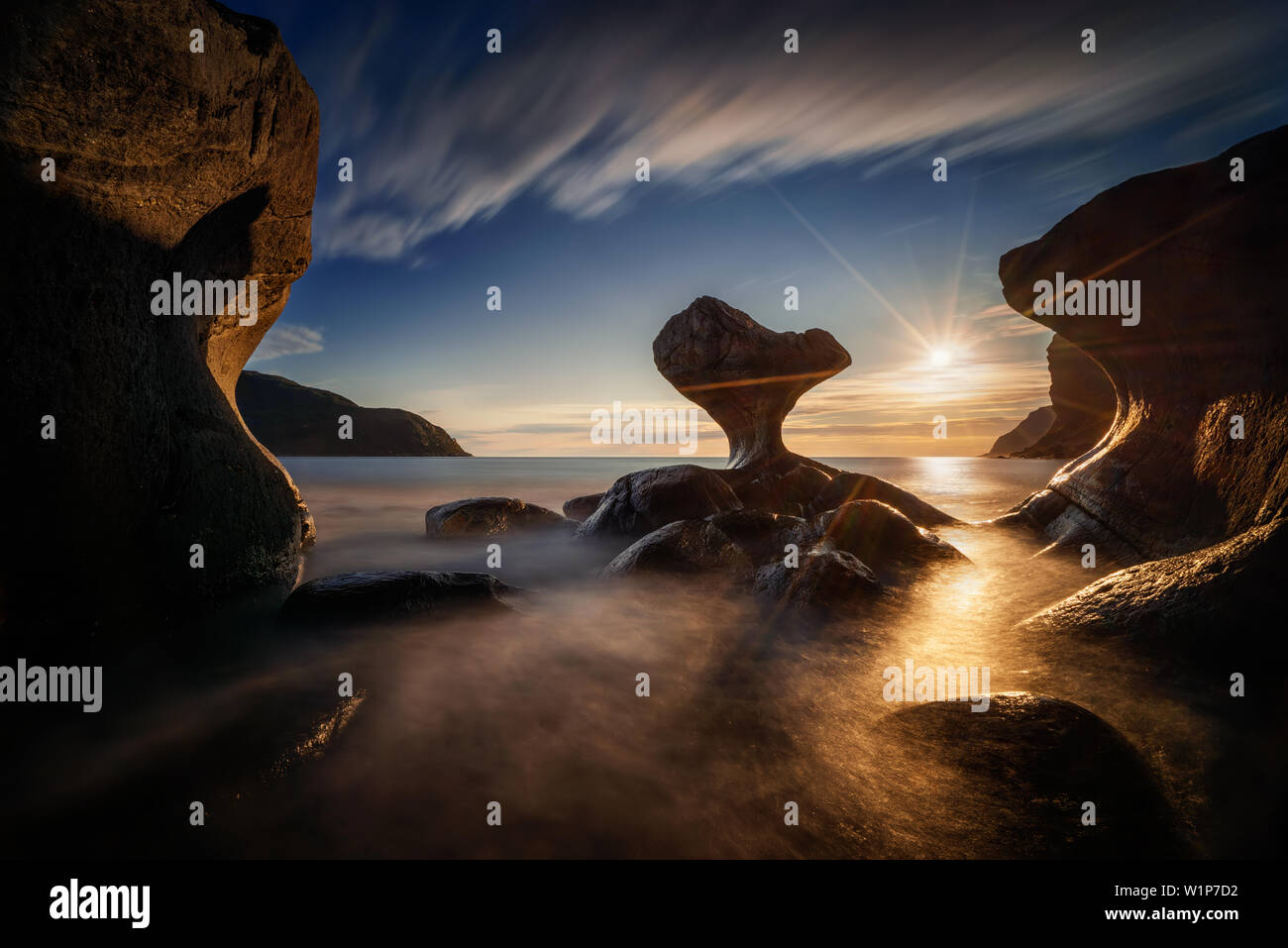 Kannestein Rock on Maloy island in sunset light, Norway Stock Photo