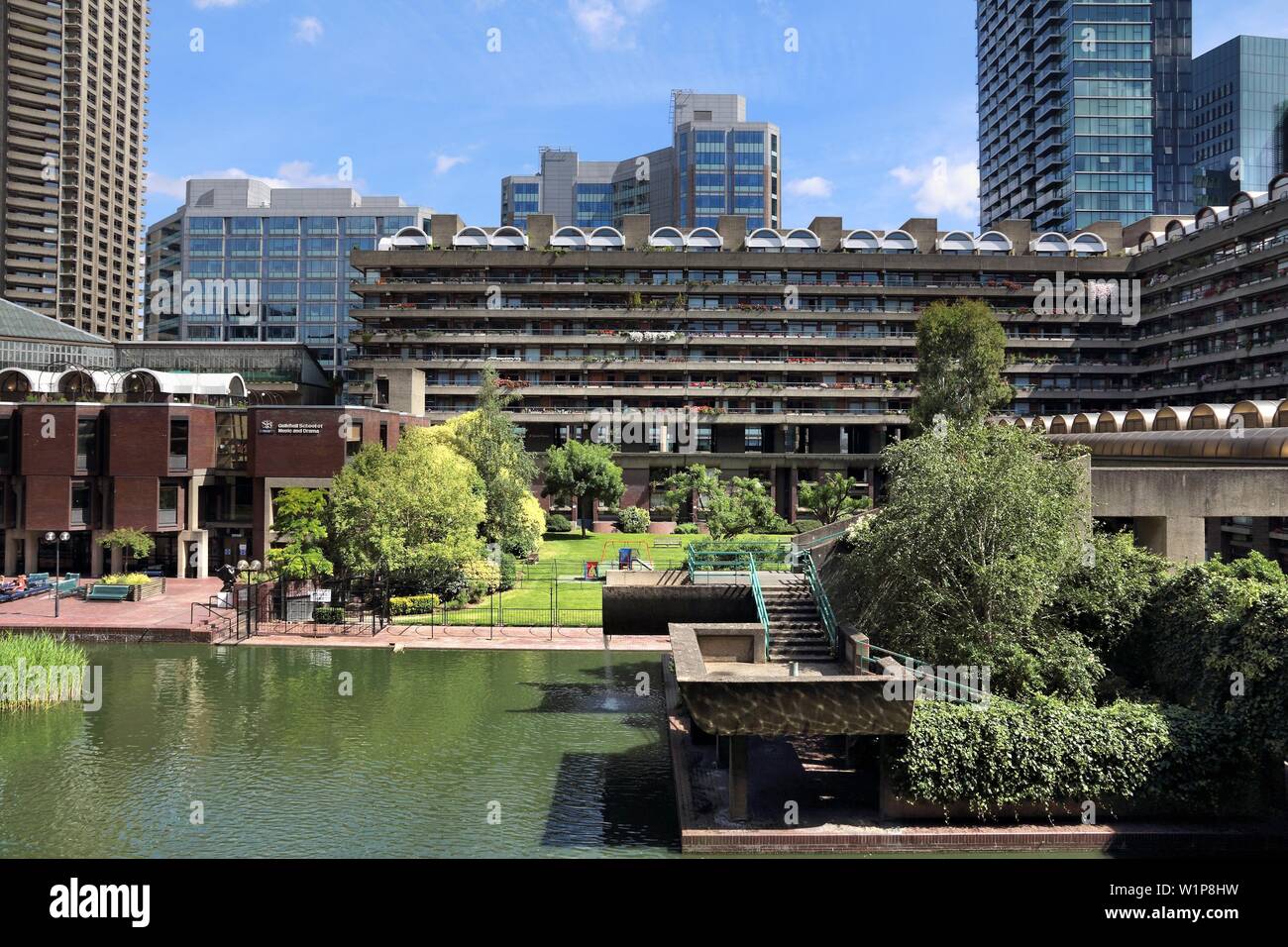 LONDON, UK - JULY 6, 2016: Barbican Estate in the City of London. The brutalist style residential estate was built in 1960s and '70s. Stock Photo