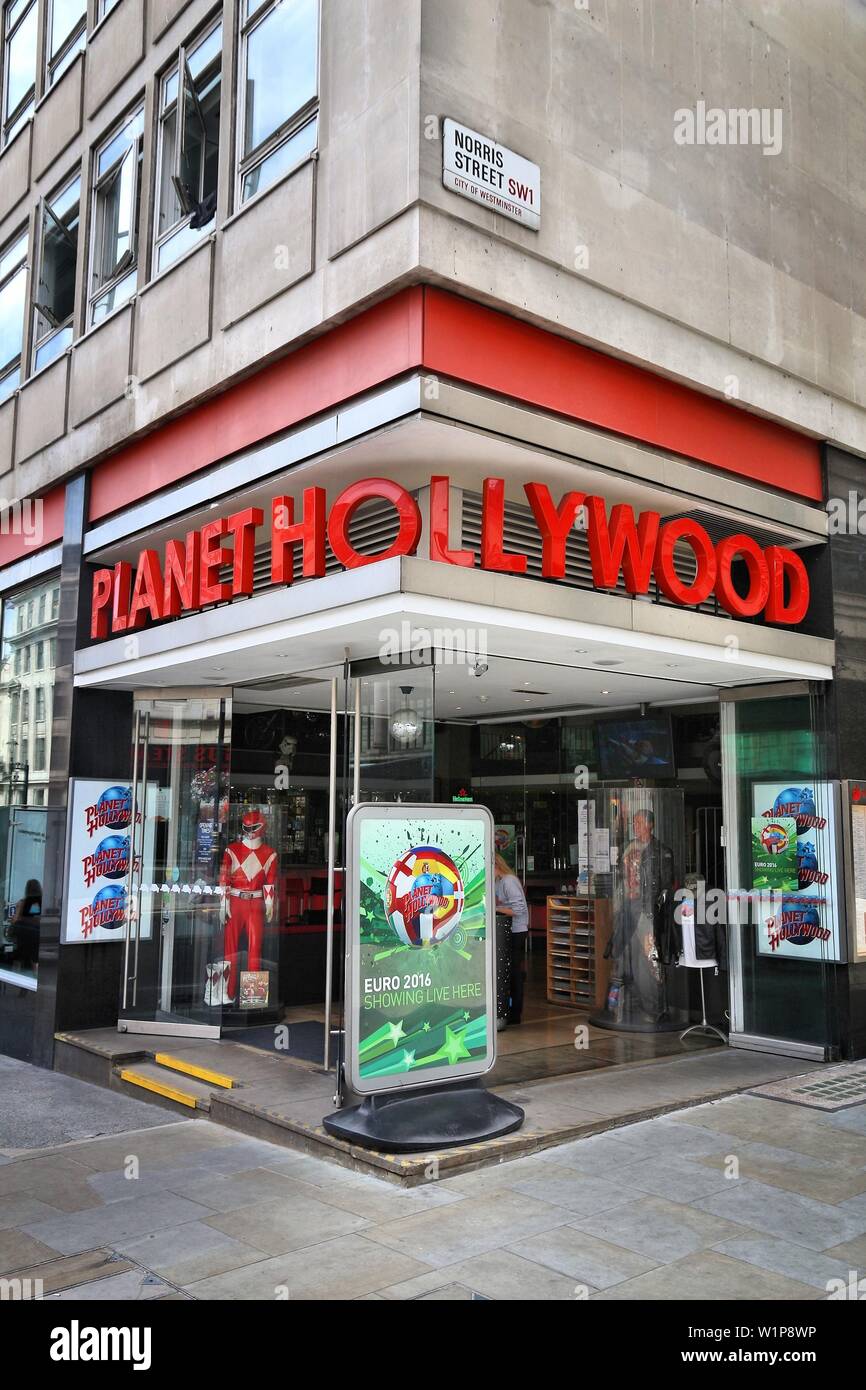 LONDON, UK - JULY 7, 2016: Planet Hollywood restaurant in London. The famous Hollywood themed restaurant chain was founded by a group of film actors. Stock Photo
