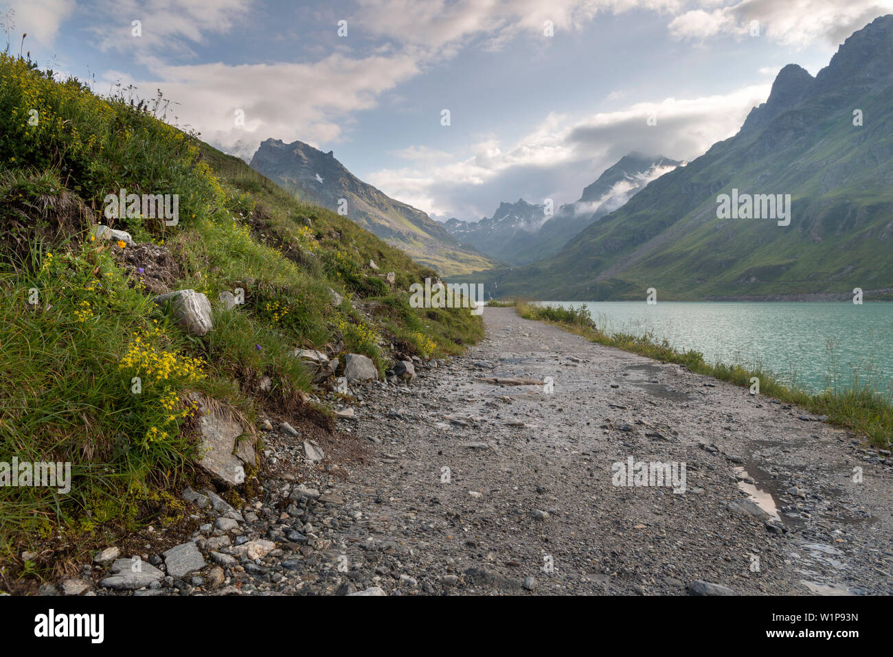 Lake Silvrettasee, footpath, Mt. Lobspitze, cloud, rain, Bludenz, Vorarlberg, Austria, Europe Stock Photo