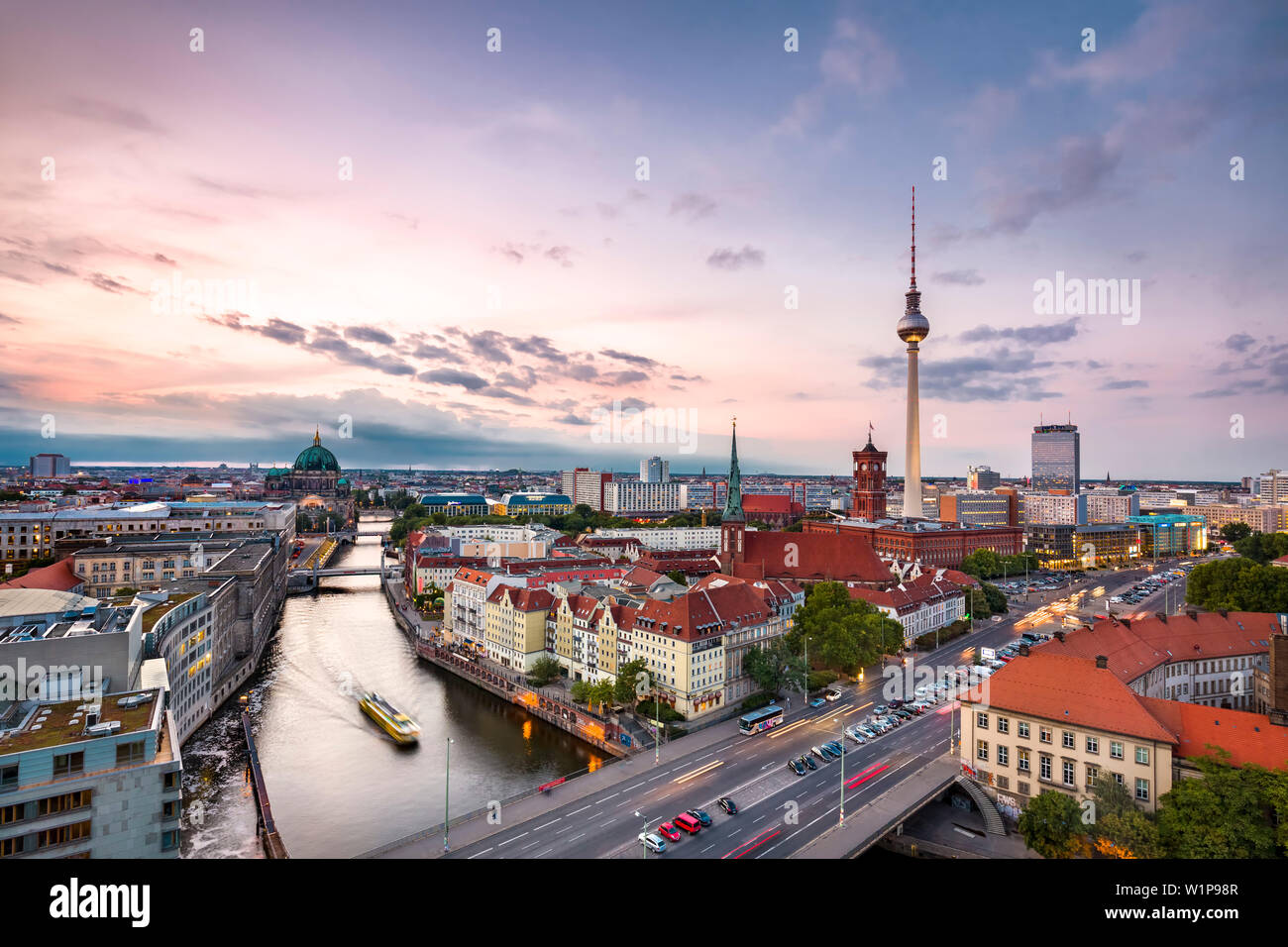 Overview, Berlin Dom, Spree River, Nikolai Quarter and Television tower, Berlin, Germany Stock Photo
