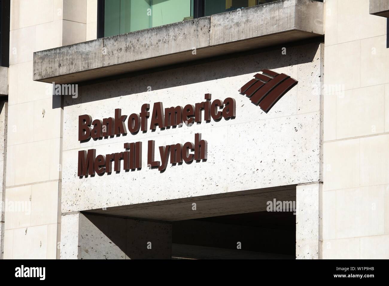 LONDON, UK - JULY 8, 2016: Bank of America Merrill Lynch branch in London. Merrill Lynch is the wealth management division of Bank of America. Stock Photo