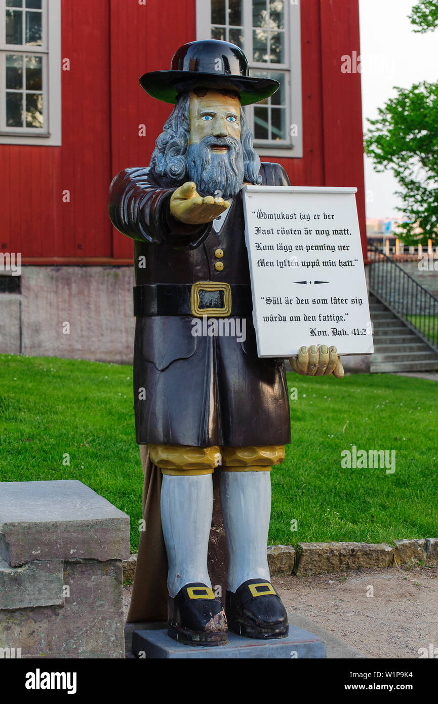 Admiral church with wooden figure Old Rosenbohm Roman figure Nils Holgersson, Karlskrona, Blekinge, Southern Sweden, Sweden Stock Photo