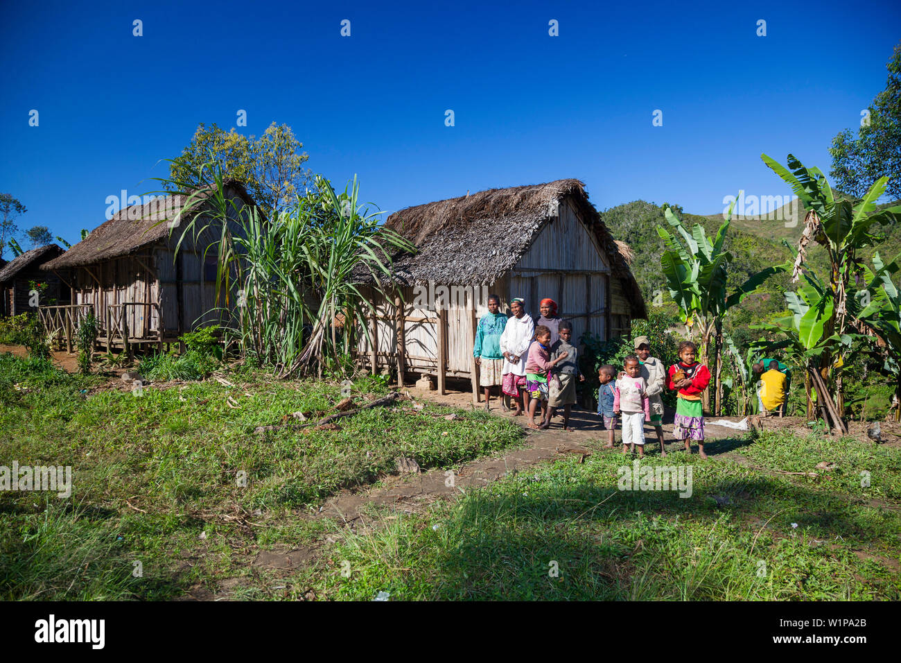 local people and typical houses in the highlands of Madagascar, Africa
