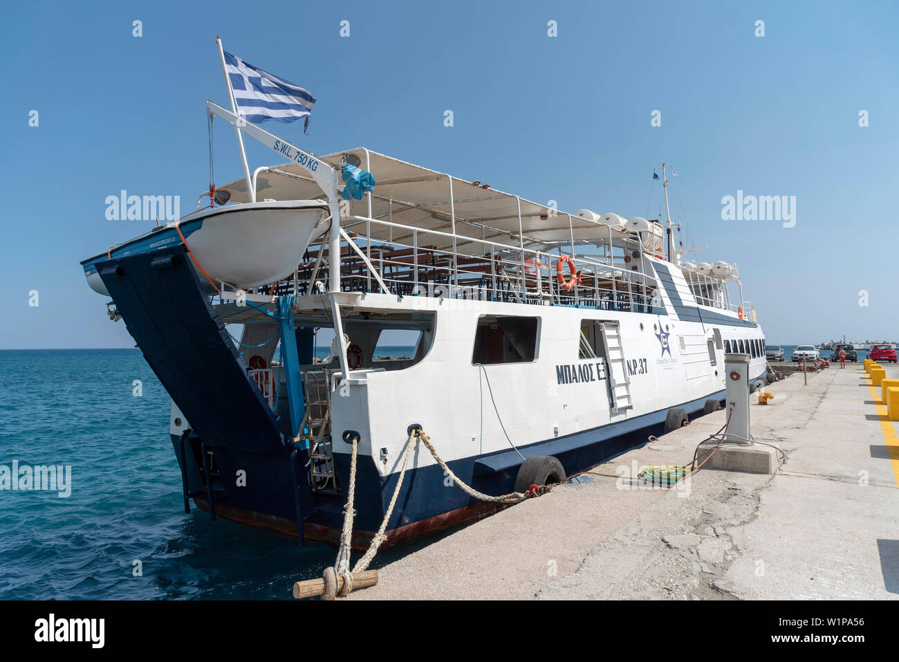 Ierapetra, Crete, Greece. June 2019. A ferry the Balos Express which sails to Chrissi Island berthed in the harbour at Ierapetra Stock Photo