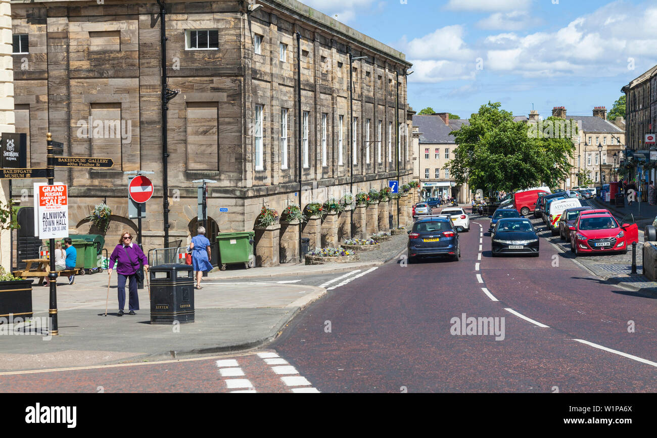 A street scene in the Market Place,Alnwick,Northumberland,England,UK Stock Photo