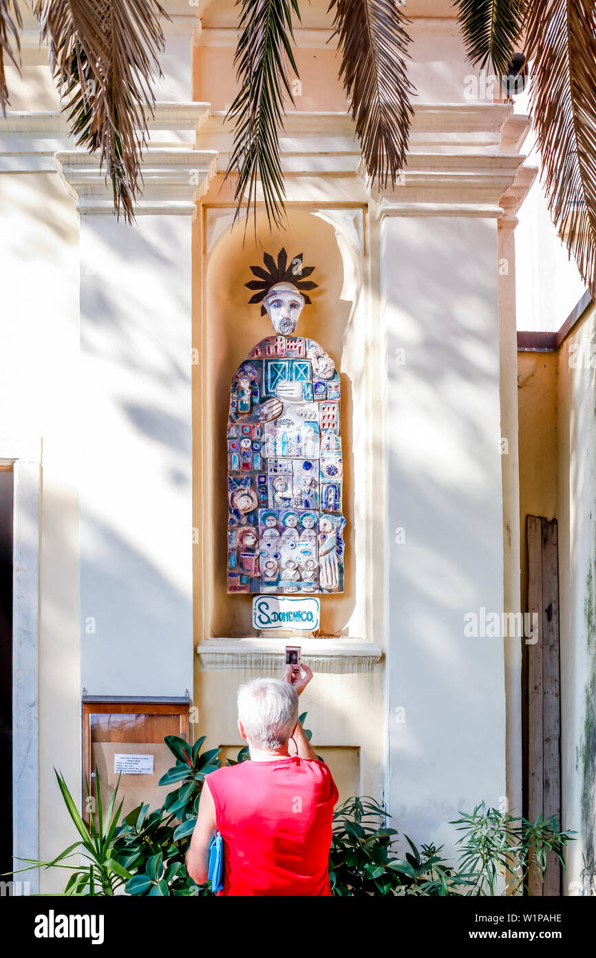 Unusual keramik figures at the Chiesa di sant Andrea church, Monterosso al Mare, province of La Spezia, Cinque Terre, Liguria, Italy, Europe Stock Photo