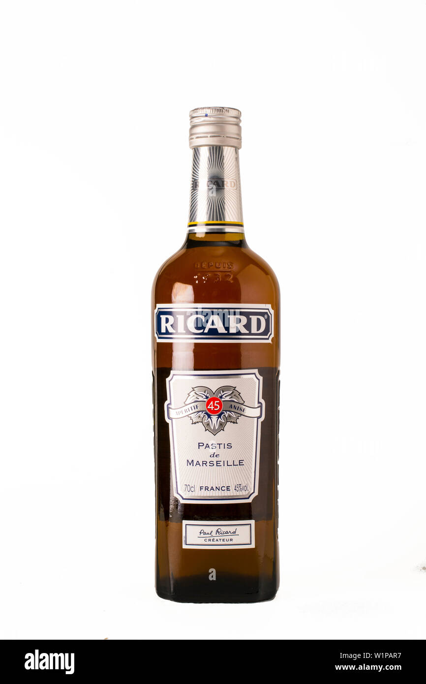 A bottle of Ricard, the french aperitif, titled Pastis de Marseille Stock Photo