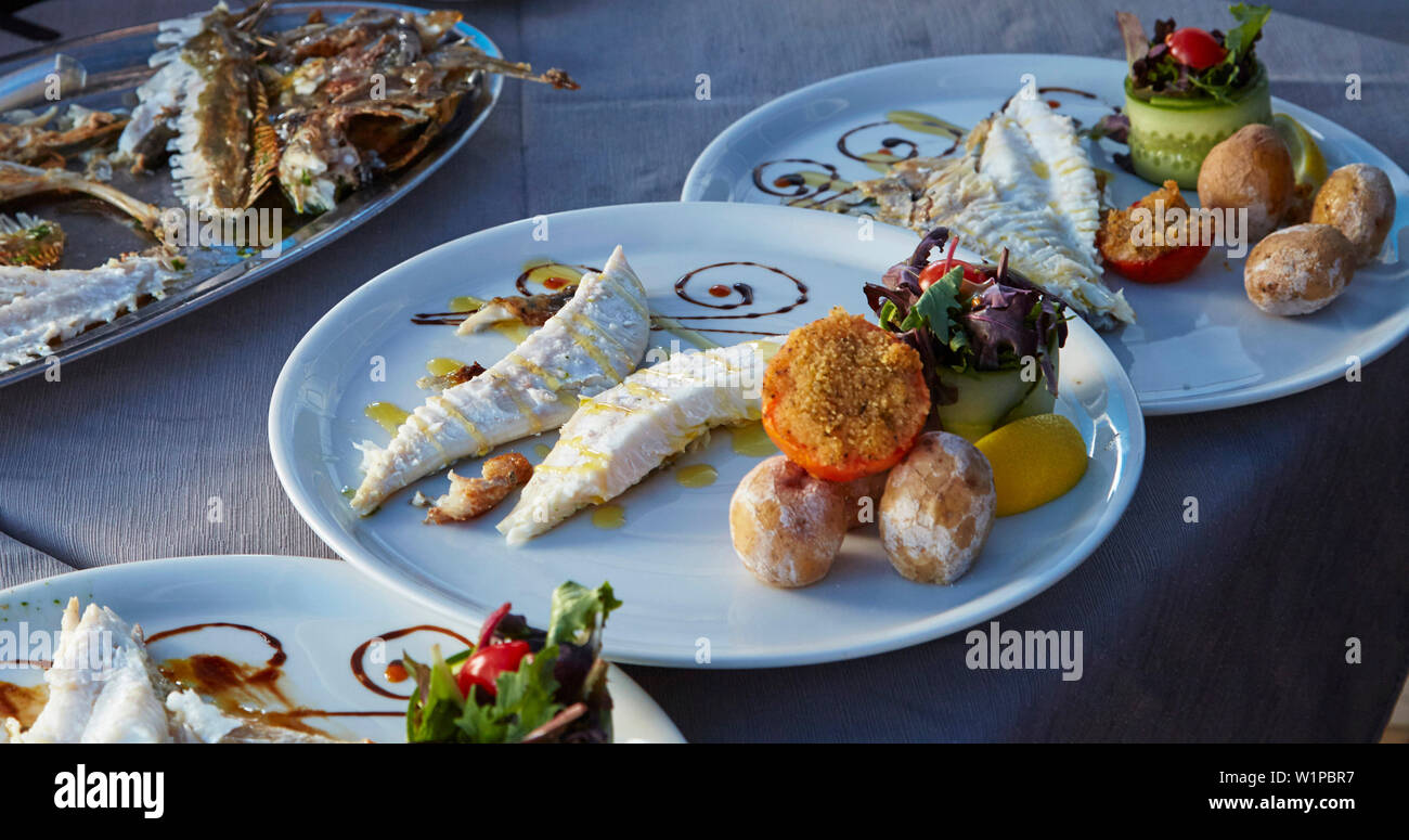Fish dish in the restaurant La Vaca Azul at El Cotillo, Fuerteventura, Canary Islands, Islas Canarias, Atlantic Ocean, Spain, Europe Stock Photo