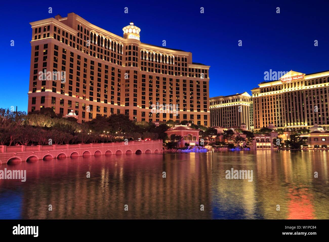 LAS VEGAS, USA - APRIL 14, 2014: Bellagio and Caesars Palace view in Las Vegas. Both hotels are among 15 largest hotels in the world with 3,950 and 3, Stock Photo