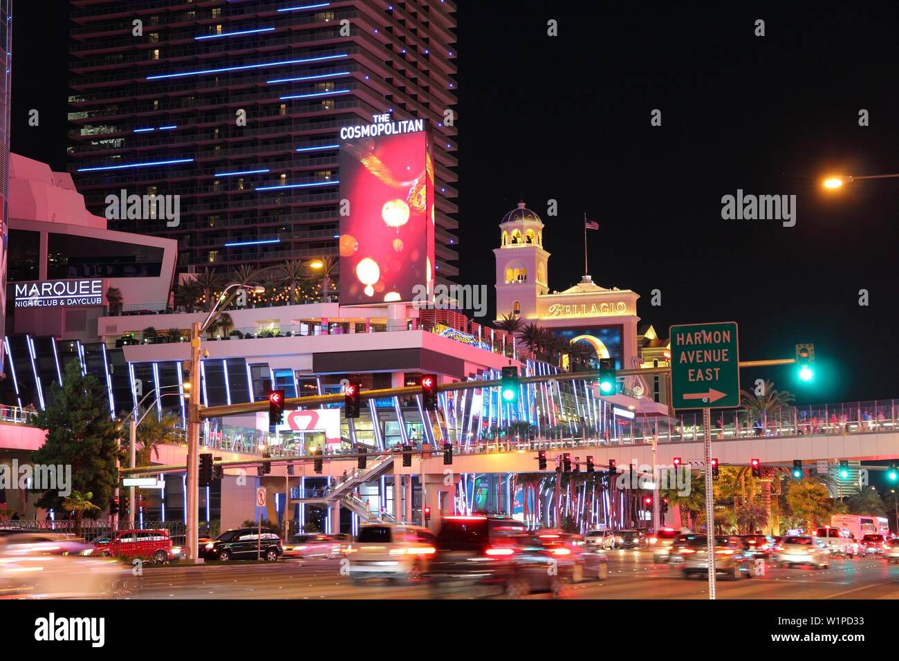 LAS VEGAS, USA - APRIL 13, 2014: Traffic at the Strip in Las Vegas. 15 of 25 largest hotels in the world are located at the strip with more than 60 th Stock Photo