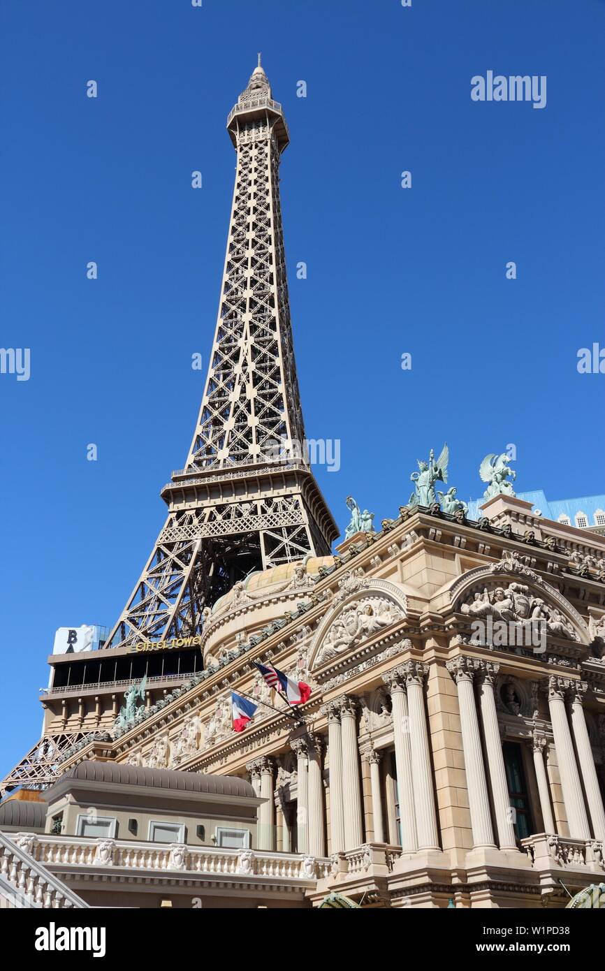 LAS VEGAS, USA - APRIL 14, 2014: Paris Las Vegas casino hotel in Las Vegas. The hotel is among 30 largest hotels in the world with 2,916 rooms. Stock Photo