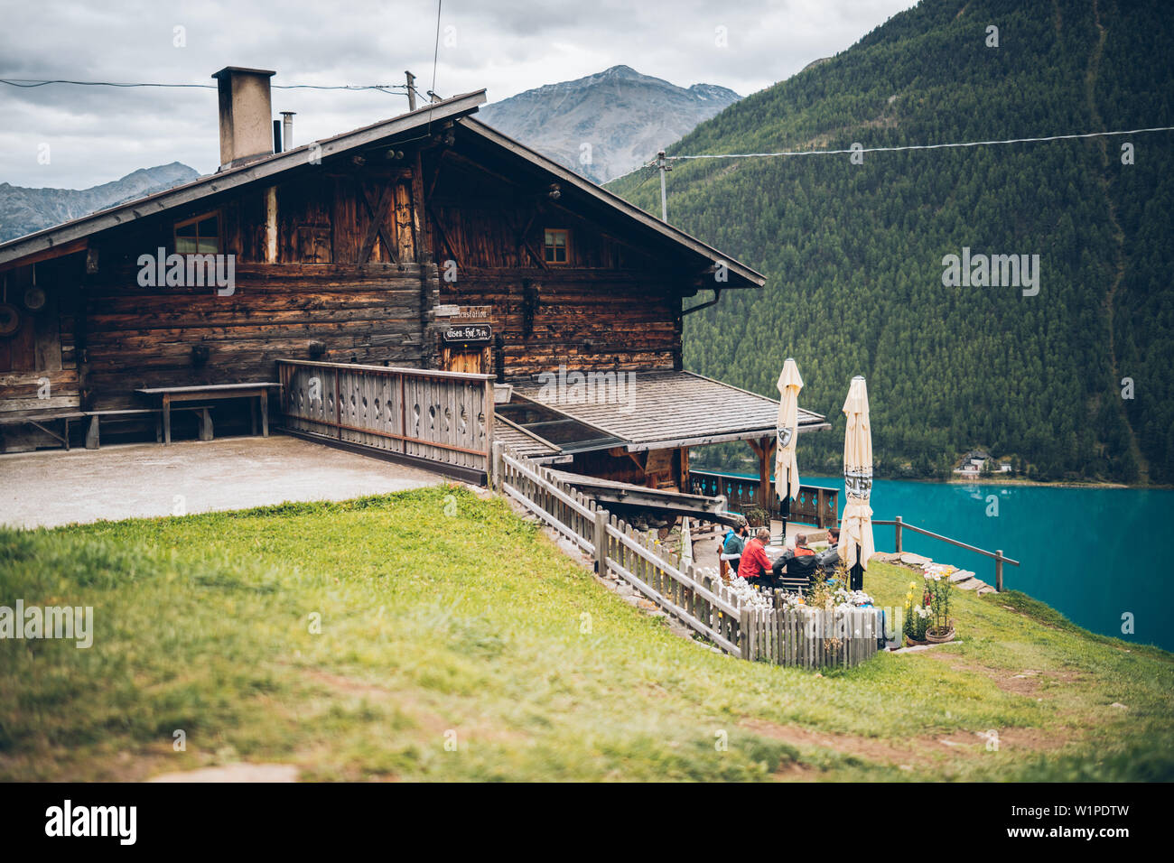 Tisenhof with Vernagt Reservoir, E5, Alpenüberquerung, 6th stage, Vent,Niederjochbach, Similaun hut, Schnalstal, Vernagt reservoir, Meran Stock Photo