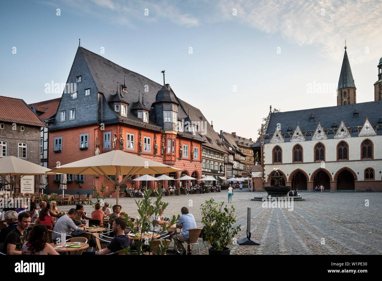 UNESCO World Heritage historic old town of Goslar, Kaiserworth, town hall and North tower of Parish Church, Market square, Harz mountains, Lower Saxon Stock Photo