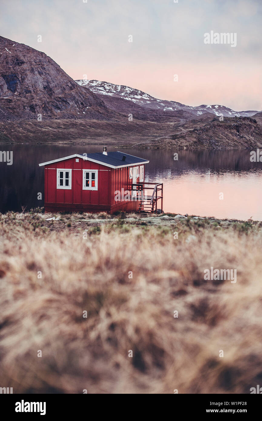 Red cabin in greenland, greenland, arctic. Stock Photo