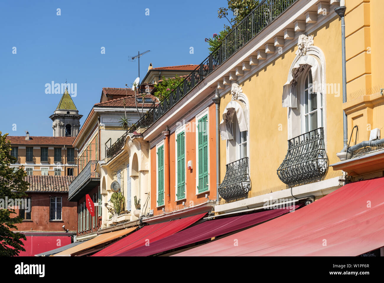 Cours Saleya, colorful facades, Cote d'Azur, Provence, Nice City, France Stock Photo