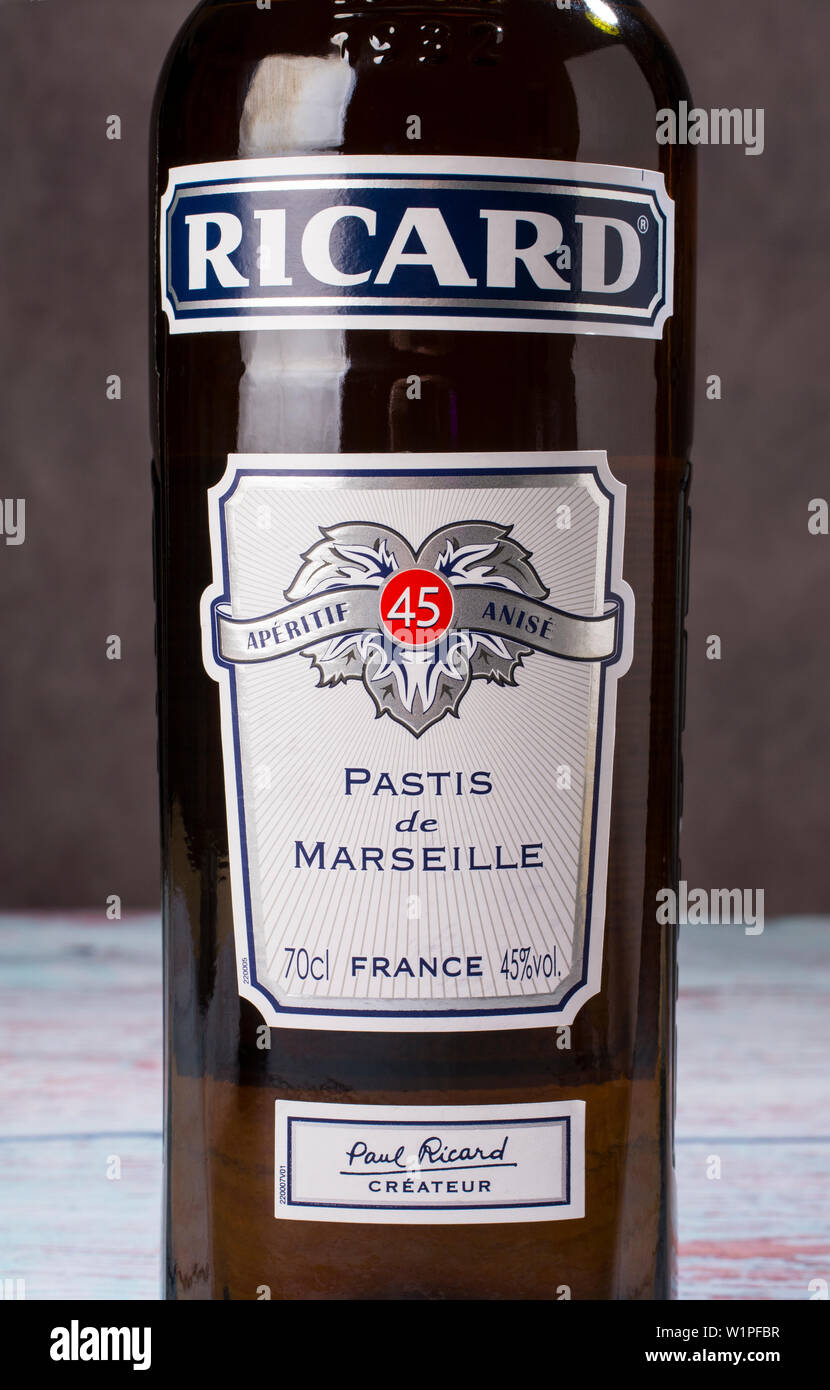 The label on a bottle of Ricard, the french aperitif, titled Pastis de Marseille Stock Photo